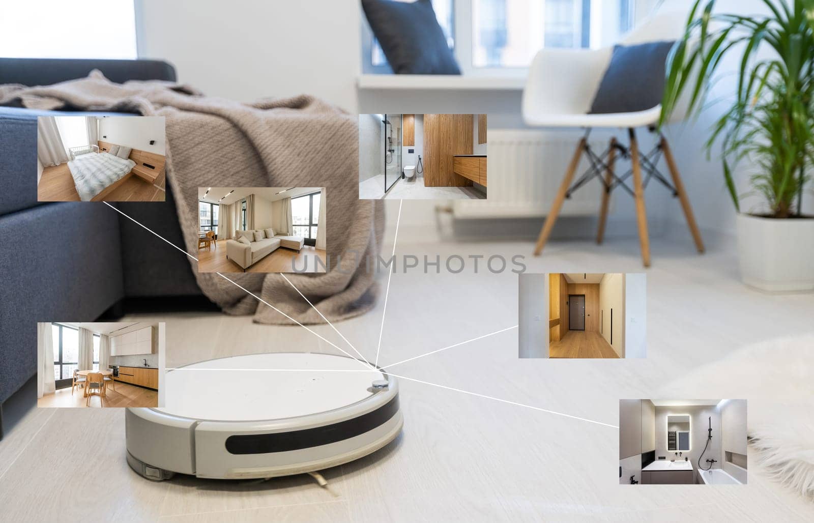 people, housework and technology concept. robot vacuum cleaner