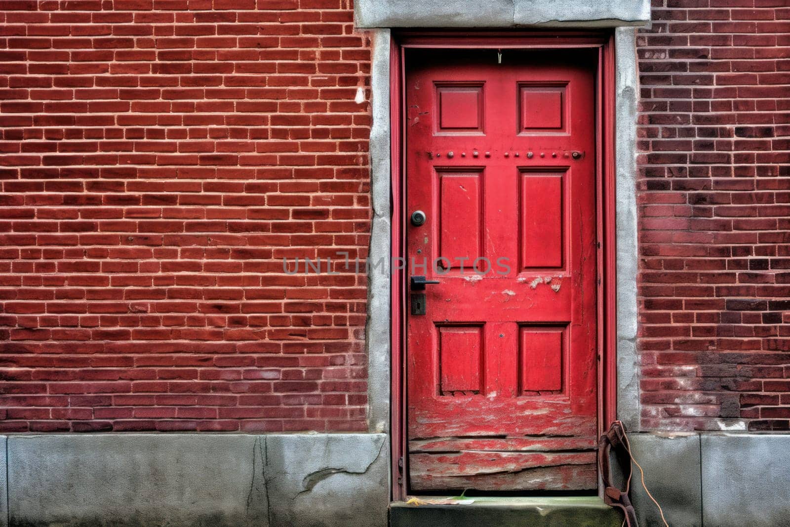 The photograph captures the allure of a mysterious red door in an old brick building. The shot is taken from a low angle, showcasing the intricate details of the door.