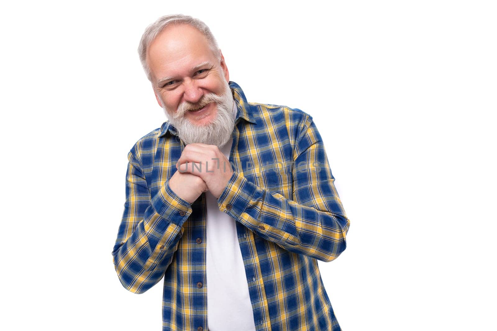 charming well-groomed senior pensioner gray-haired man with a beard in a shirt by TRMK