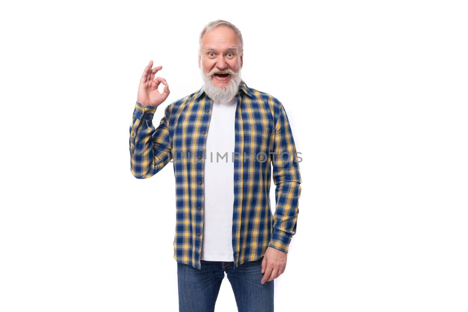 portrait of successful healthy 50s mid aged gray-haired retired man with mustache and beard on white background.