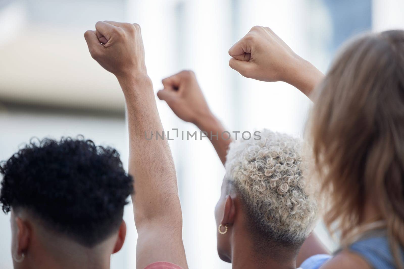 Crowd fist hands, protest rally event and community justice, government corruption and politics of freedom, empowerment and human rights equality. People fighting revolution together to change future.