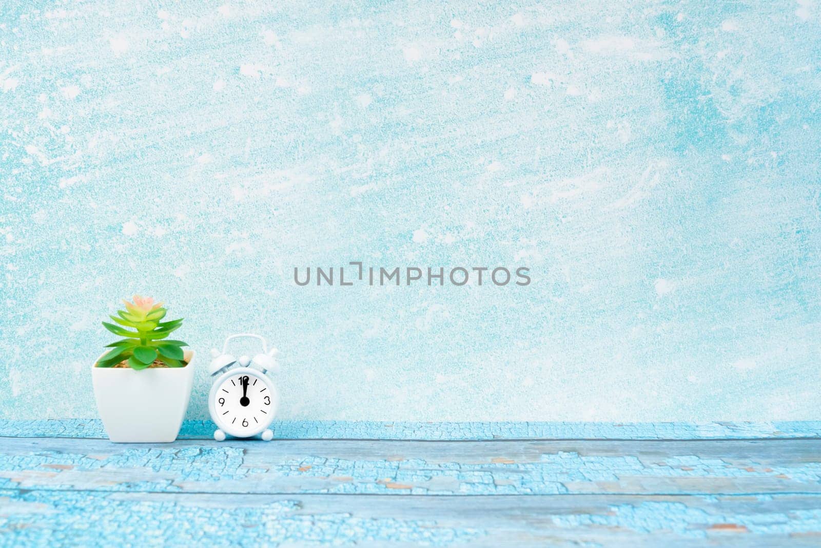 Alarm clock and plant pot on blue wooden floor with copy space for your design.