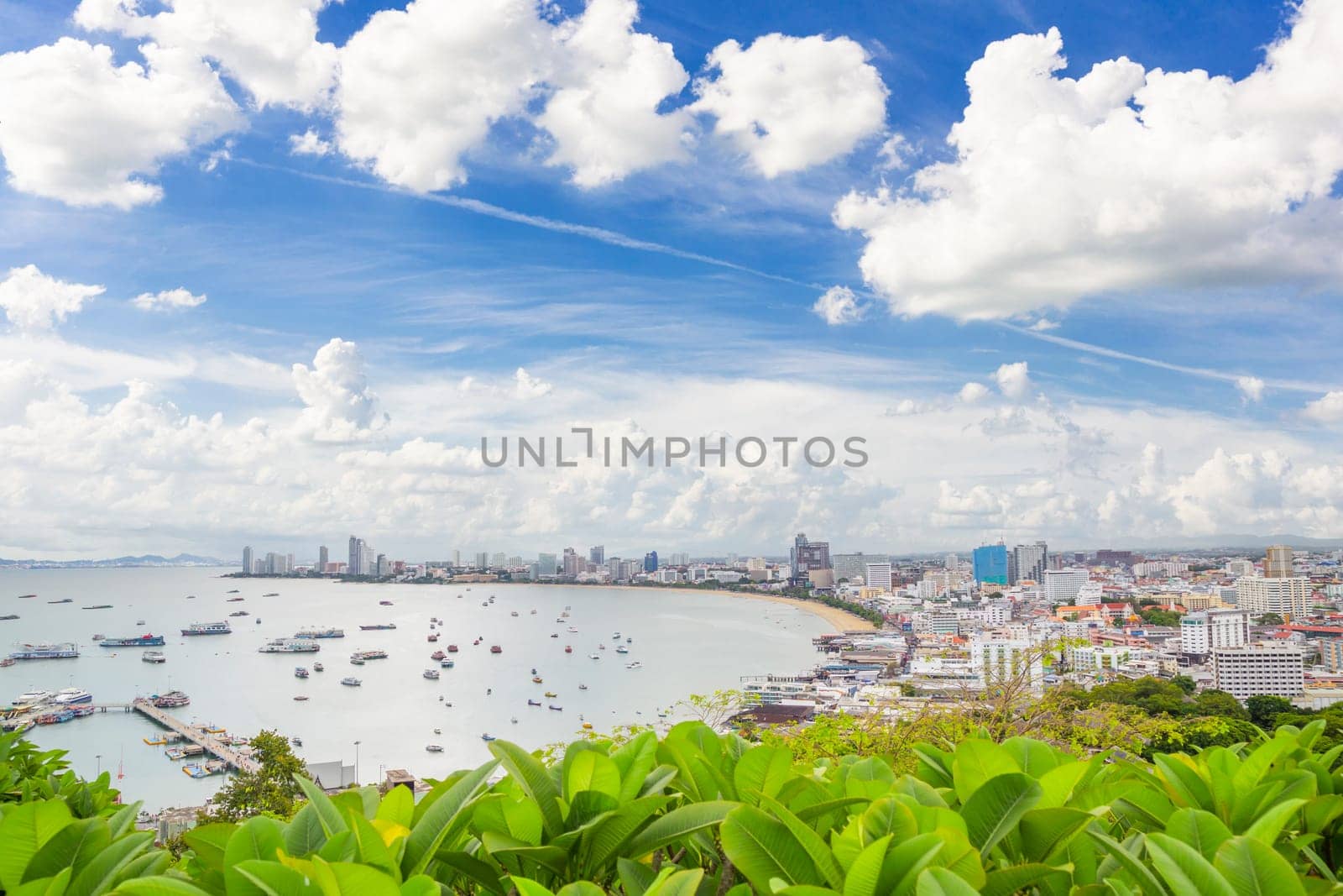 Pattaya city with blue sky from high angle view, Pattaya is very famous nightlife attractions in Thailand.