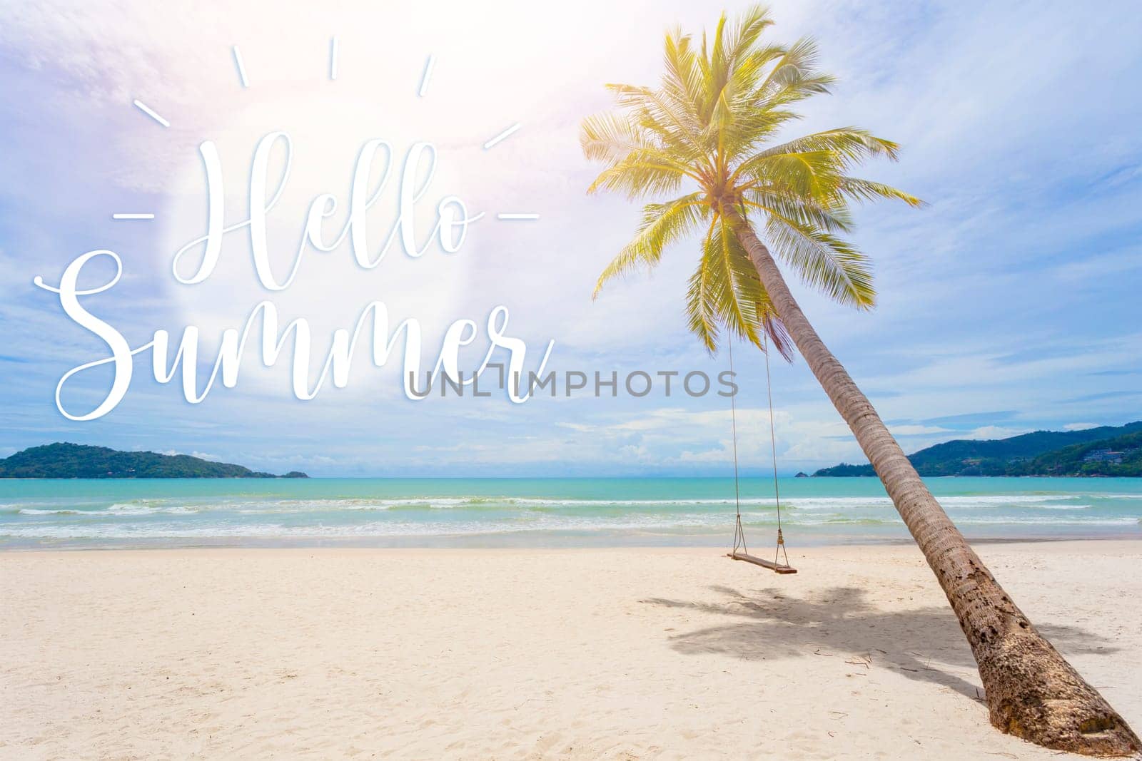 Hello Summer. Sandy beach and coconut tree with wooden swing on sunny day