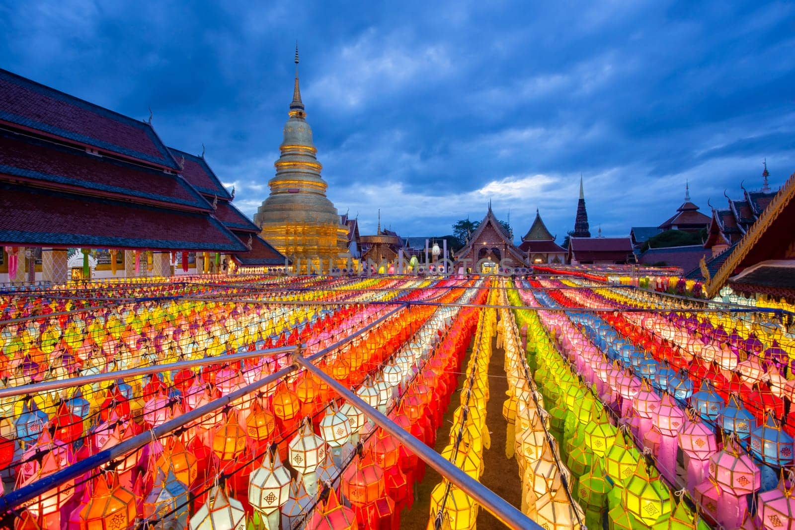 Wat Phra That Hariphunchai pagoda with light Festival at Lamphun, Thailand.