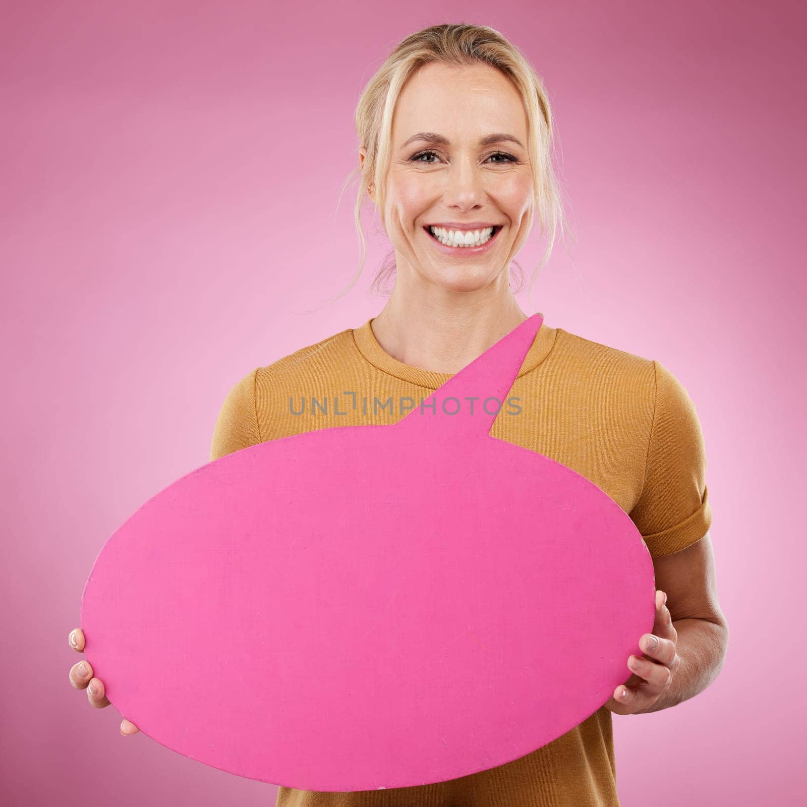 Speech bubble, woman and portrait on pink background for mockup advertising, communication and review. Happy female model, thought poster and voice for marketing space, feedback and product placement.