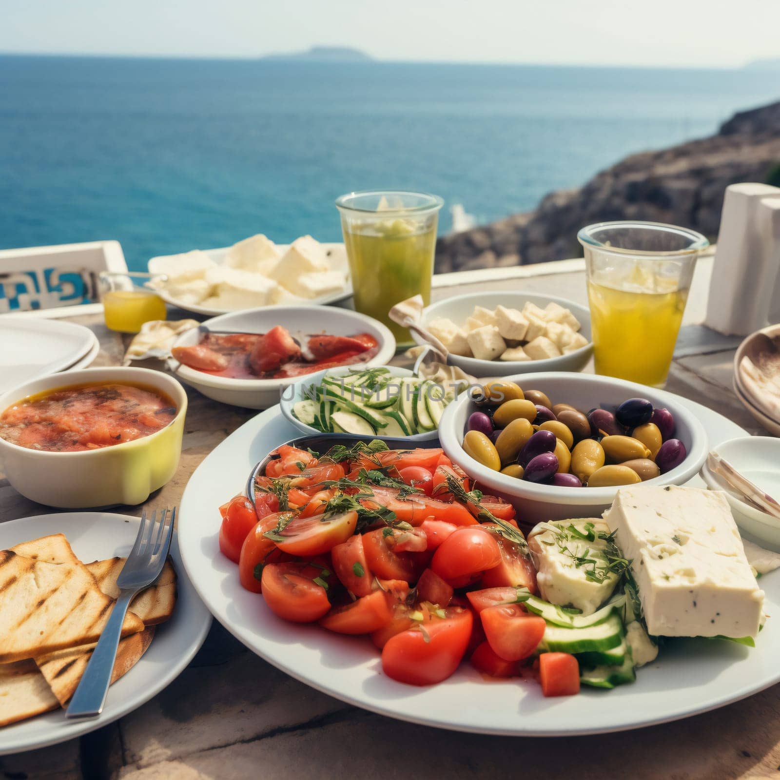 Italian or Mediterranean food on sea background. Tomato mozzarella basil leaves feta olives and olive oil on wooden table.