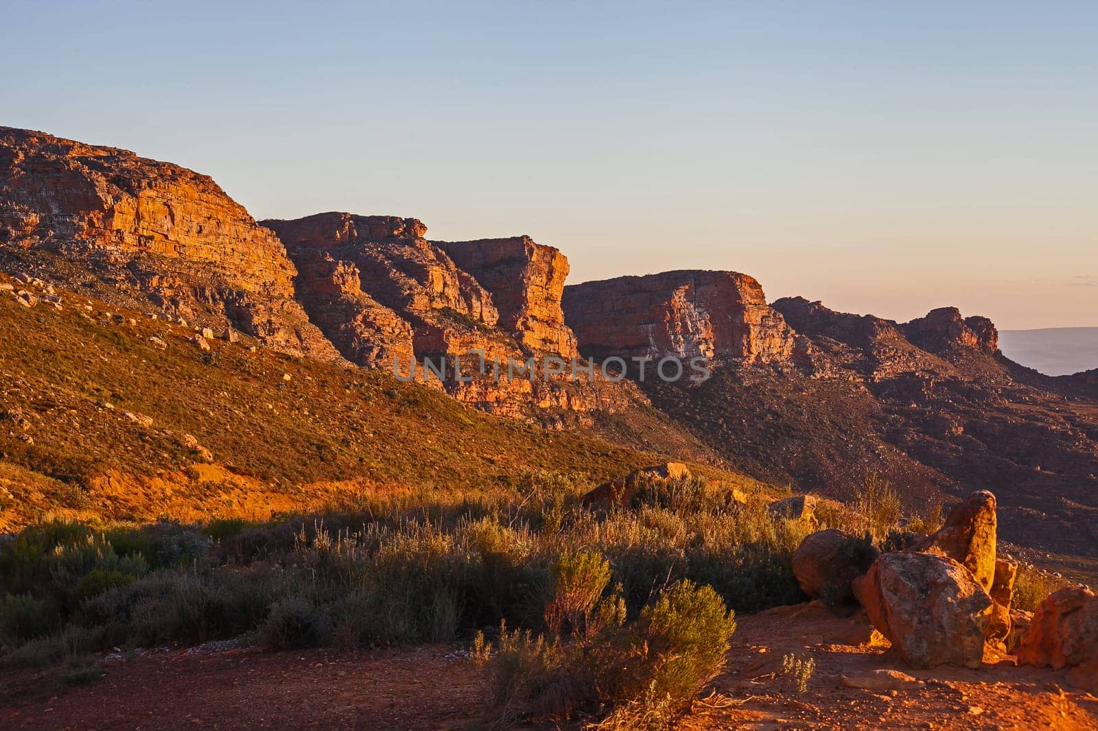 Cederberg Mountains at sunrise from the summit of Pakhuis Pass, Sederberg Wilderness Area. Western Cape South Africa