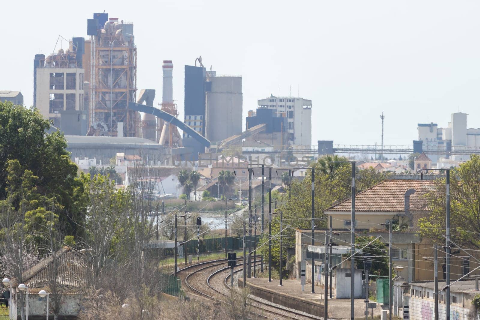 Construction in a Portuguese town - rails in the foreground. Cityscape