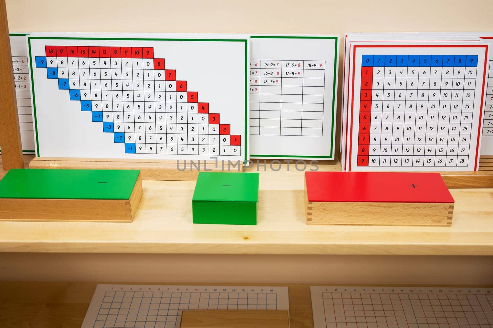 Classroom of Montessori kindergarten. The colorful Montessori material. Concept of children learning toy