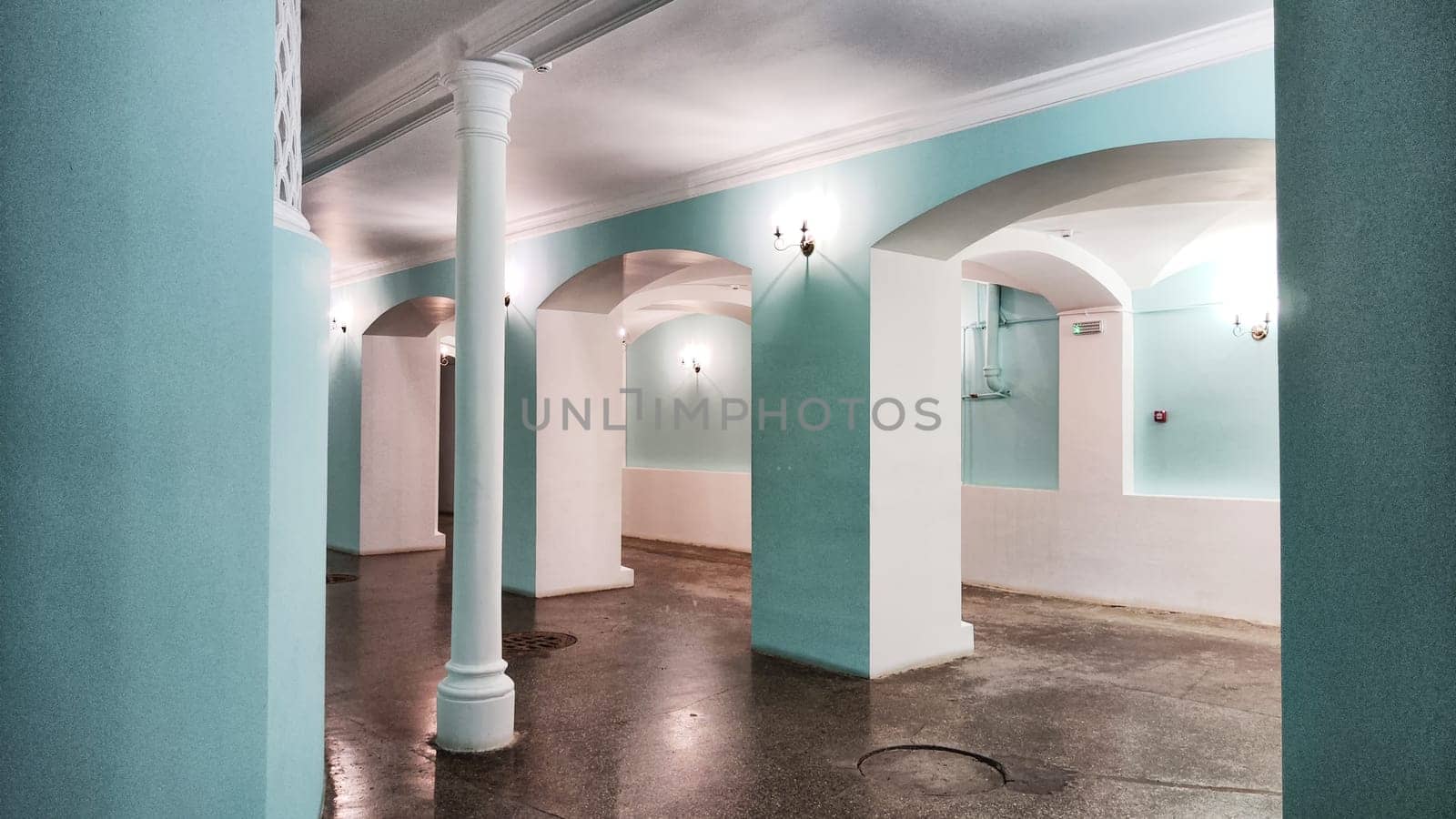 Interior, empty apartment classic, large room with big green and white columns