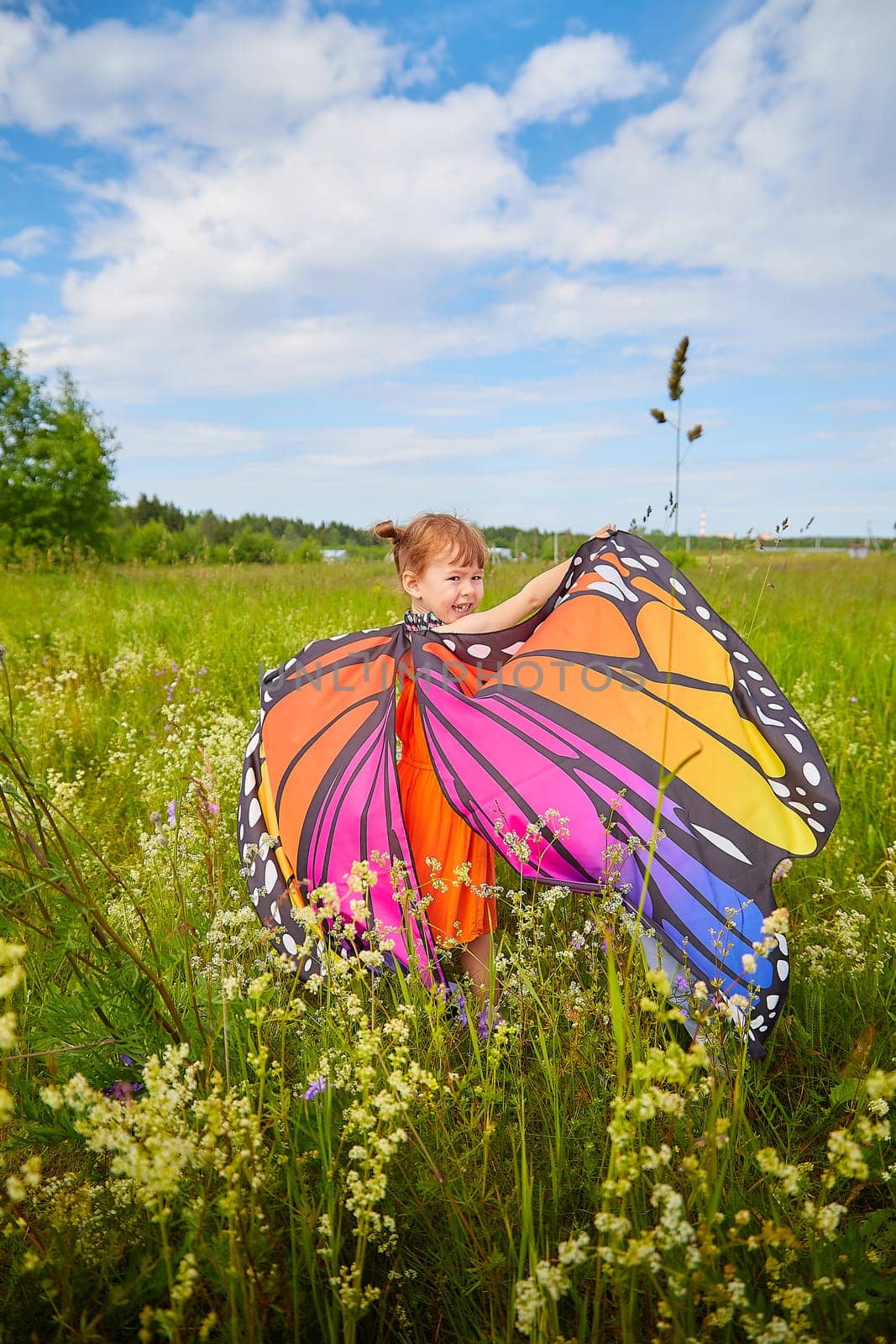 Portrait of little girl with Asian eyes and butterfly wings having fun and joy in meadow or field with grass, flowers on sunny summer day