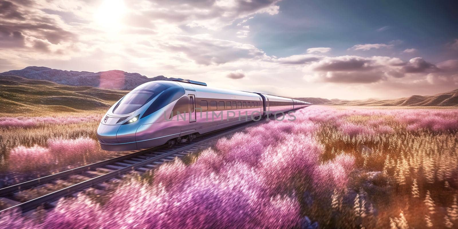 the modern high-speed train will pass through a beautiful picturesque landscape with mountains and lavender, banner, made with Generative AI by Edophoto