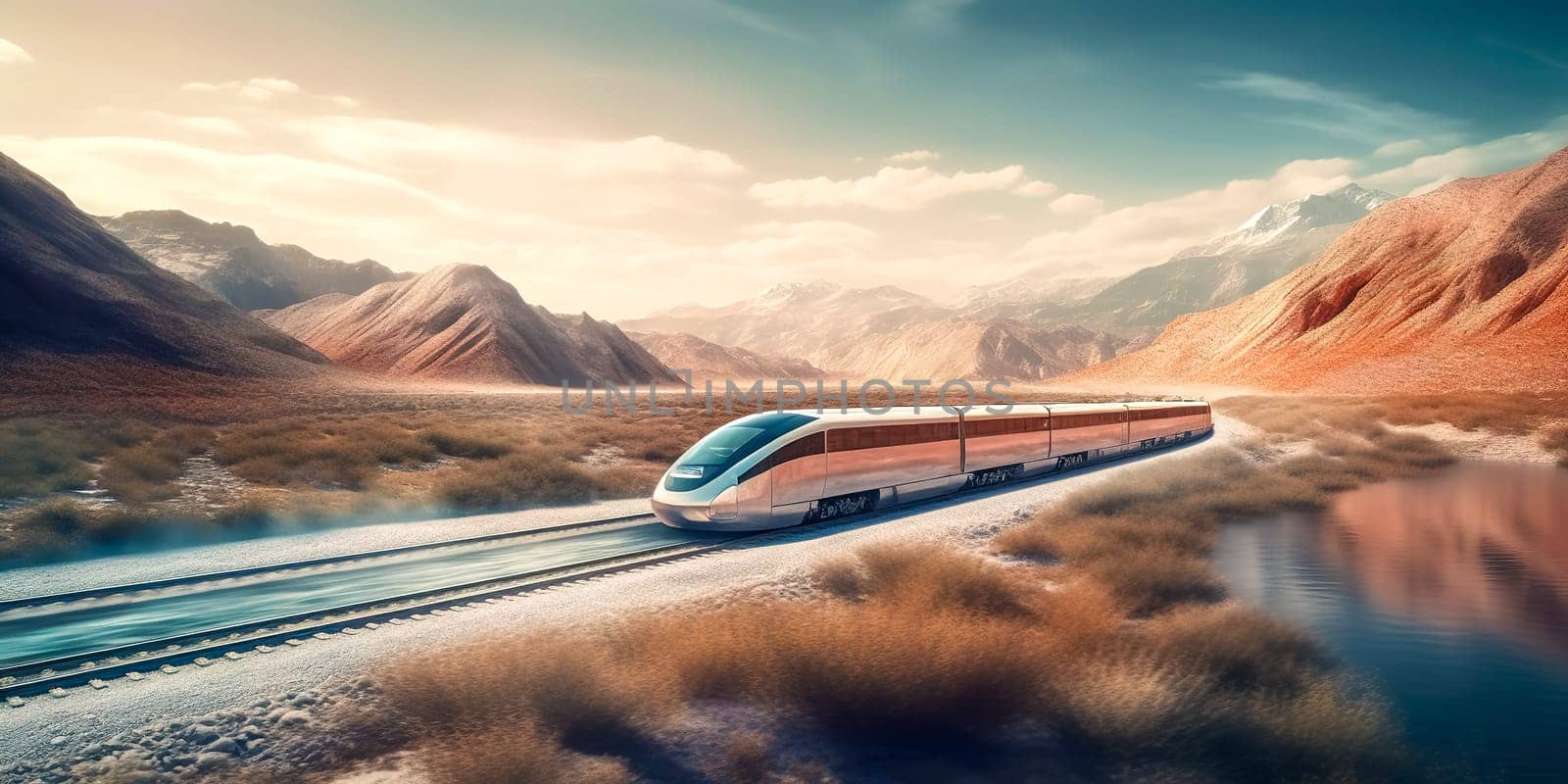 the modern high-speed train will pass through a beautiful picturesque landscape in mountains, banner, made with Generative AI by Edophoto