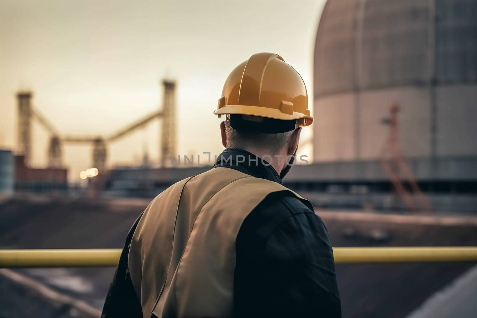 a civil engineer in a helmet looks at a nuclear power plant. energy industry. AI generated image.