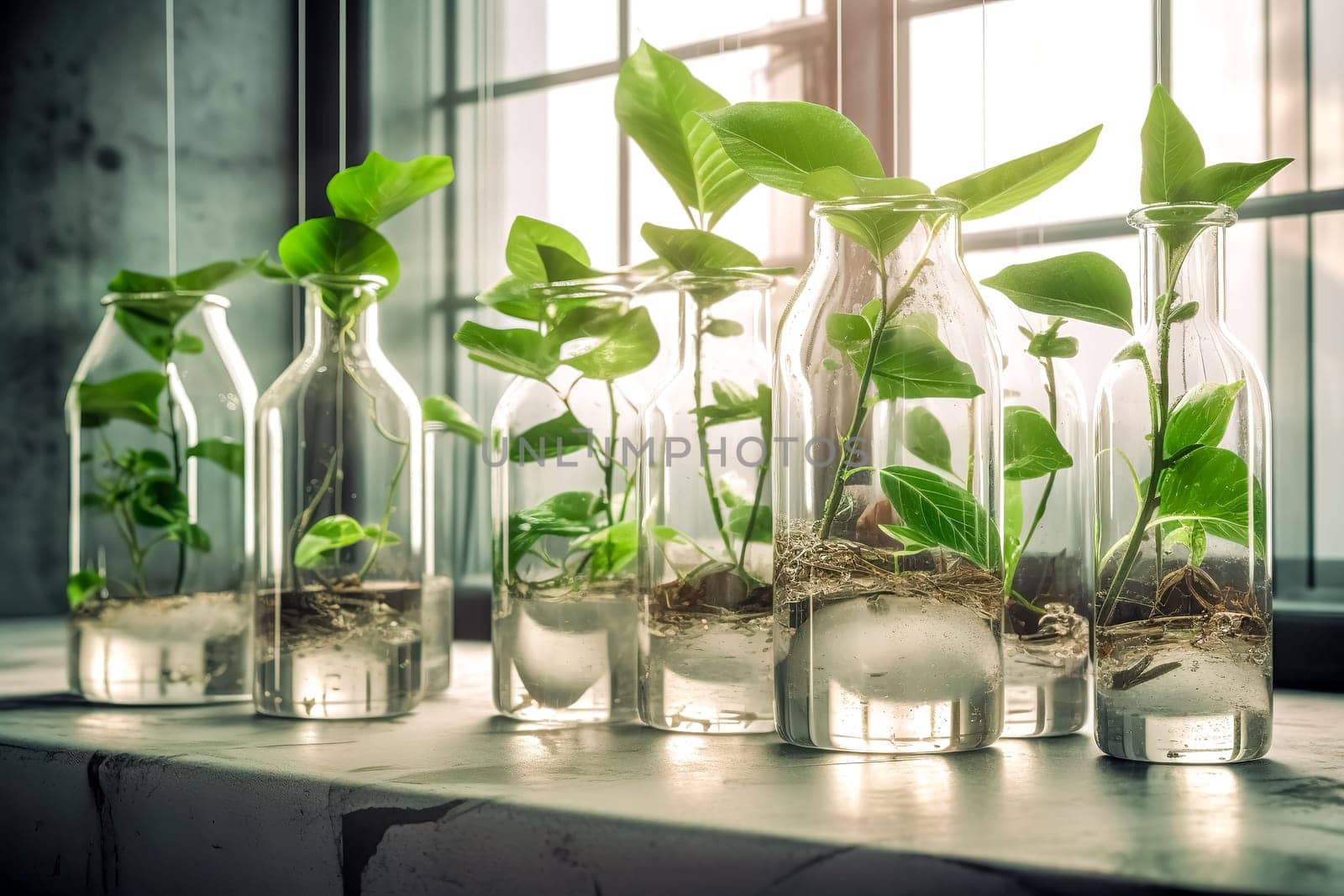 plants in the laboratory in glass bottles, research and cultivation of genetically modified plants, made with Generative AI by Edophoto