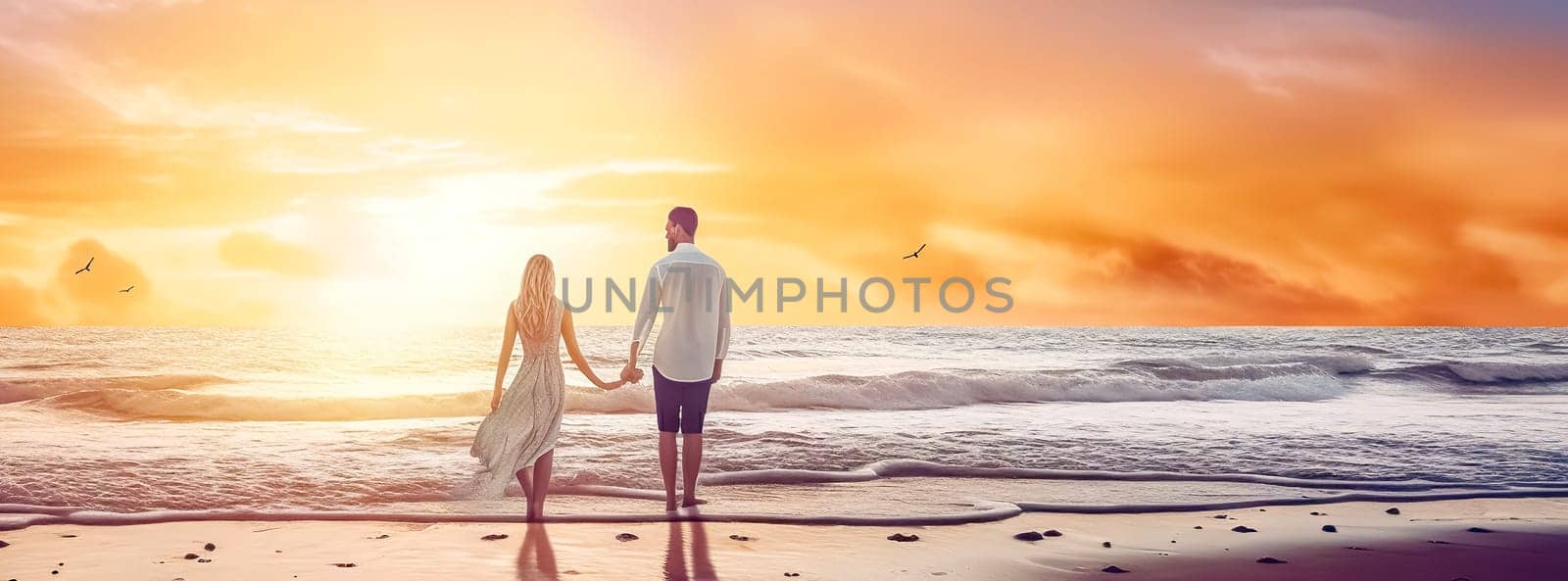 couple in love on the beach at sunset, photorealistic banner with copy space, made with Generative AI. High quality illustration