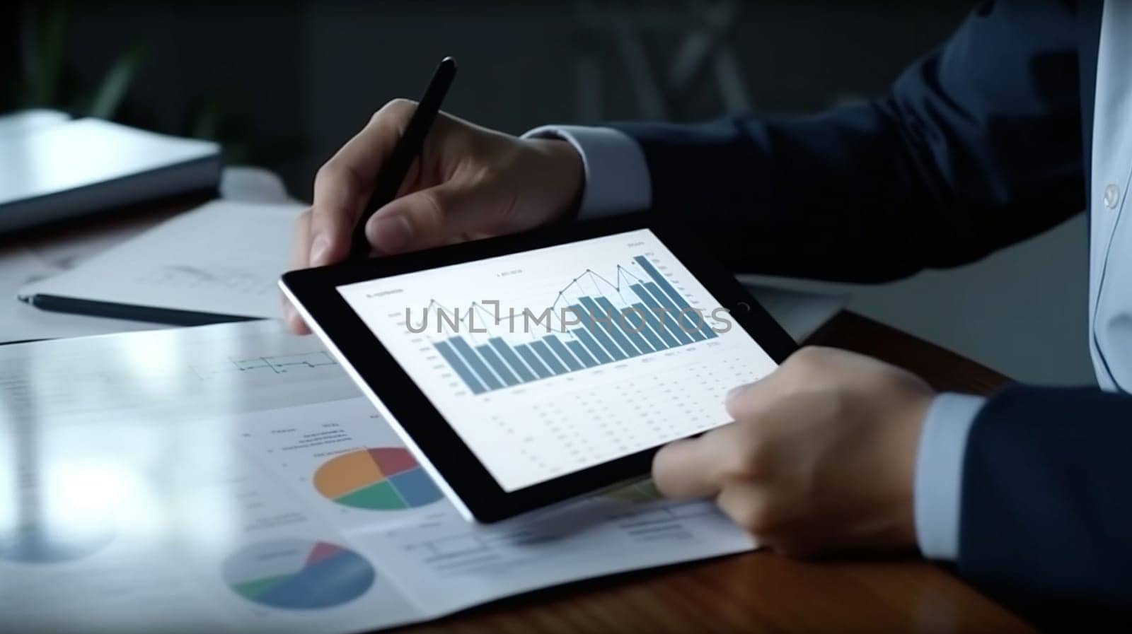 Financial businessmen analyze the graph of the company's performance to create profits and growth. Home finances, investment, economy, saving money or insurance concept. bookkeeper or financial inspector hands calculate making a report, calculating or checking balance. High quality image