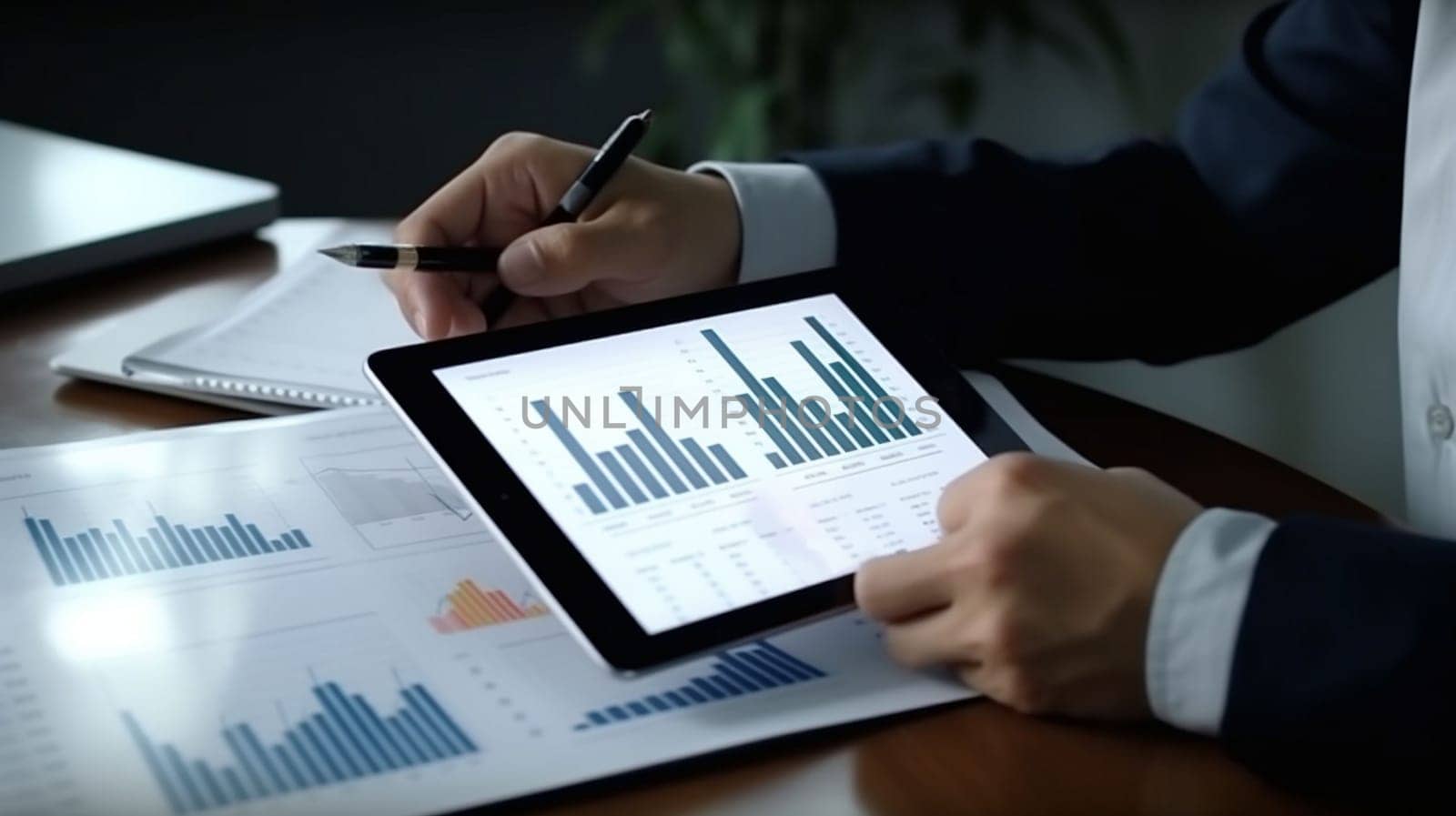 Financial businessmen analyze the graph of the company's performance to create profits and growth. Home finances, investment, economy, saving money or insurance concept. bookkeeper or financial inspector hands calculate making a report, calculating or checking balance. by Costin