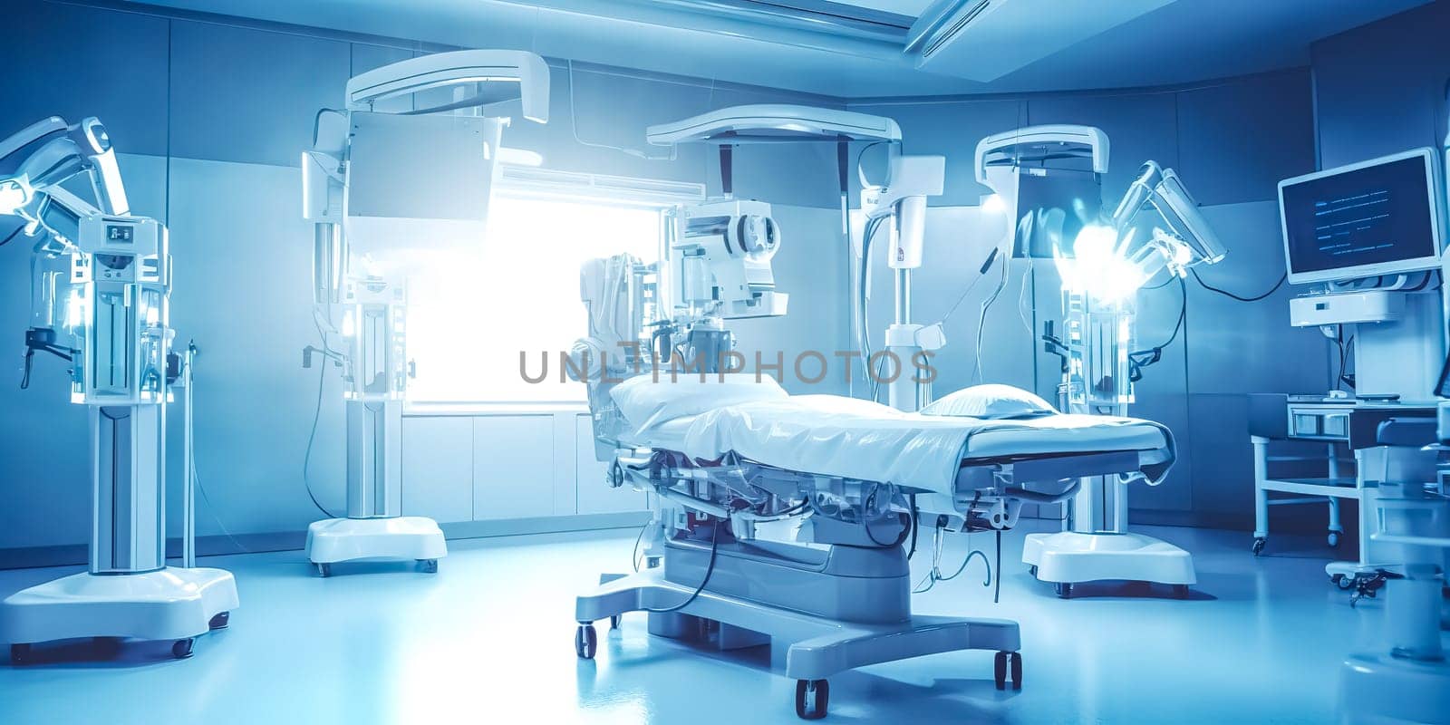 robots in the hospital in the surgical department, banner with copy space, made with Generative AI by Edophoto