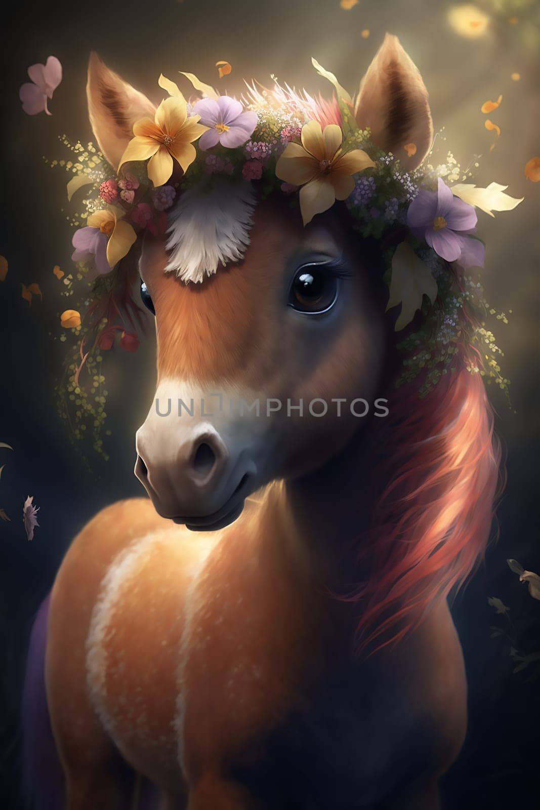 Cute little red horse,in a floral wreath on his head, stand in nature. Ai generative. Vertical
