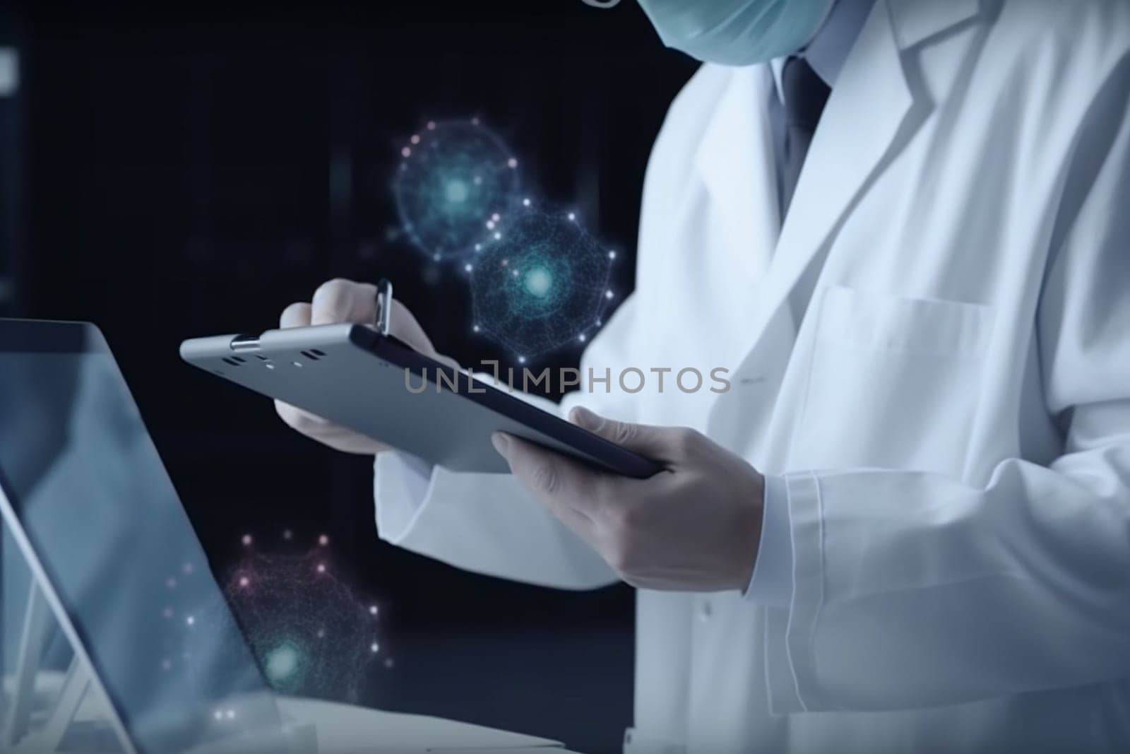 Male doctor using tablet computer in clinic, doctor with stethoscope on blurred hospital background. Cardio therapeutist, student education, CPR, 911 life save, physician make cardiac physical, pulse rate measure, arrhythmia by Costin