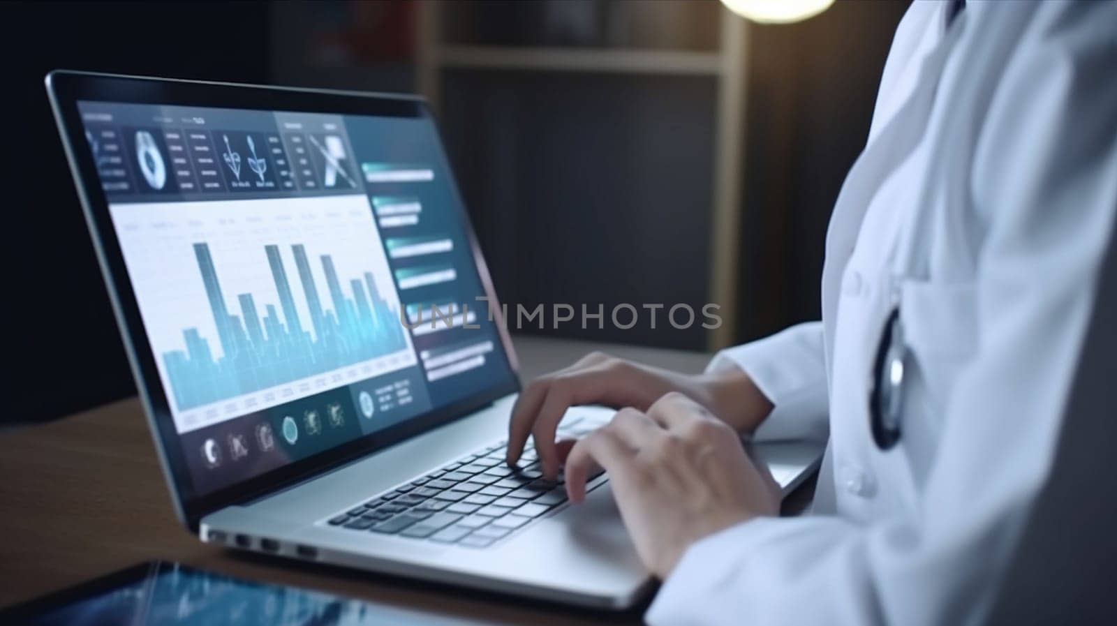 Male doctor using tablet computer in clinic, doctor with stethoscope on blurred hospital background. Cardio therapeutist, student education, CPR, 911 life save, physician make cardiac physical, pulse rate measure, arrhythmia by Costin