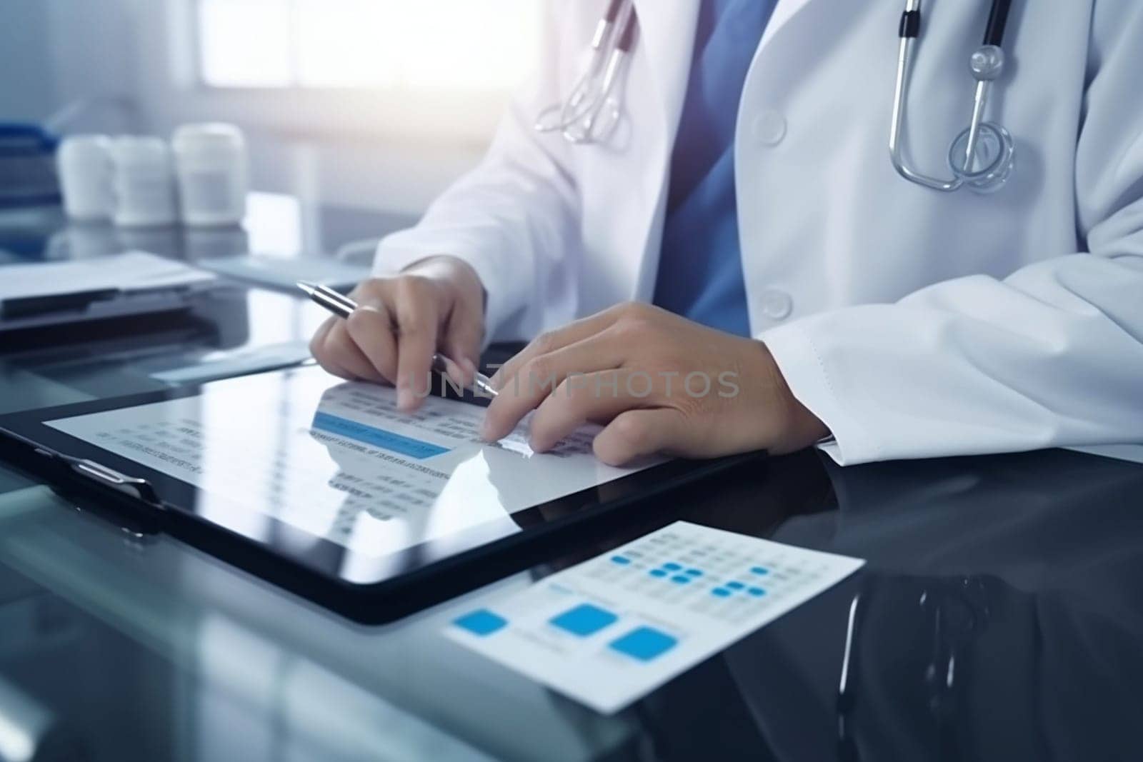 Male doctor using tablet computer in clinic, close-up. Perfect medical service in hospital. Medicine and healthcare concept. High quality photo