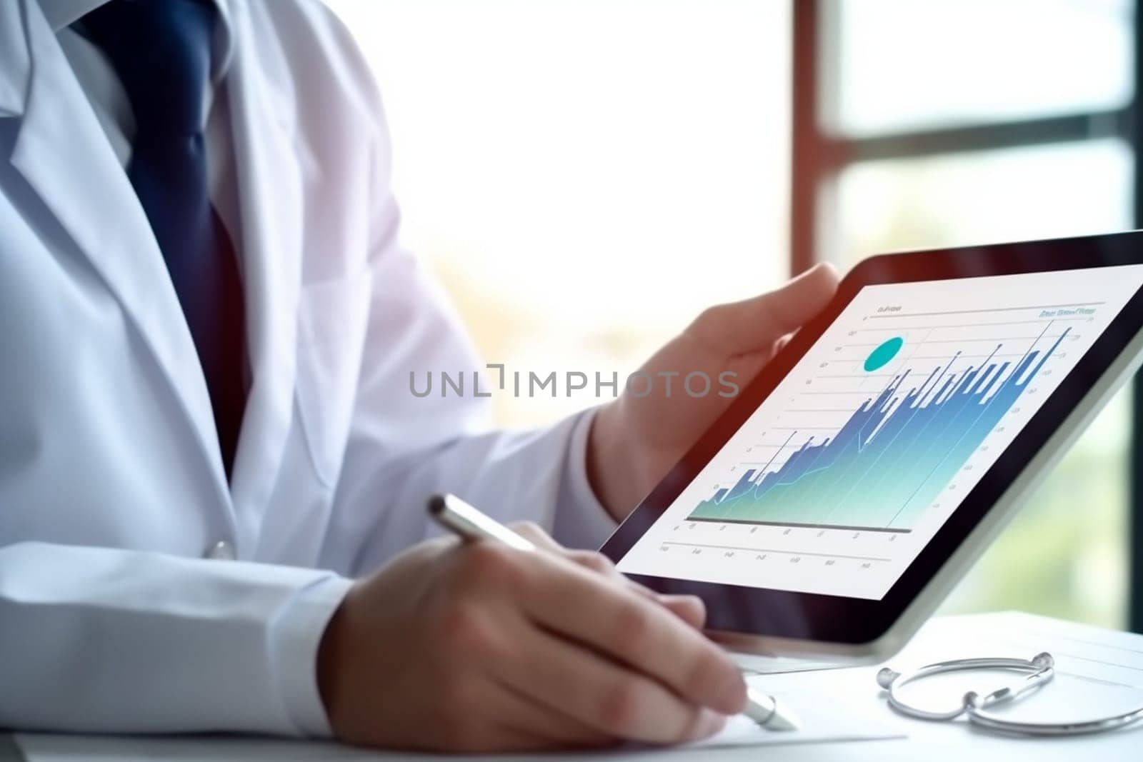Male doctor using tablet computer in clinic, doctor with stethoscope on blurred hospital background. Cardio therapeutist, student education, CPR, 911 life save, physician make cardiac physical, pulse rate measure, arrhythmia by Costin