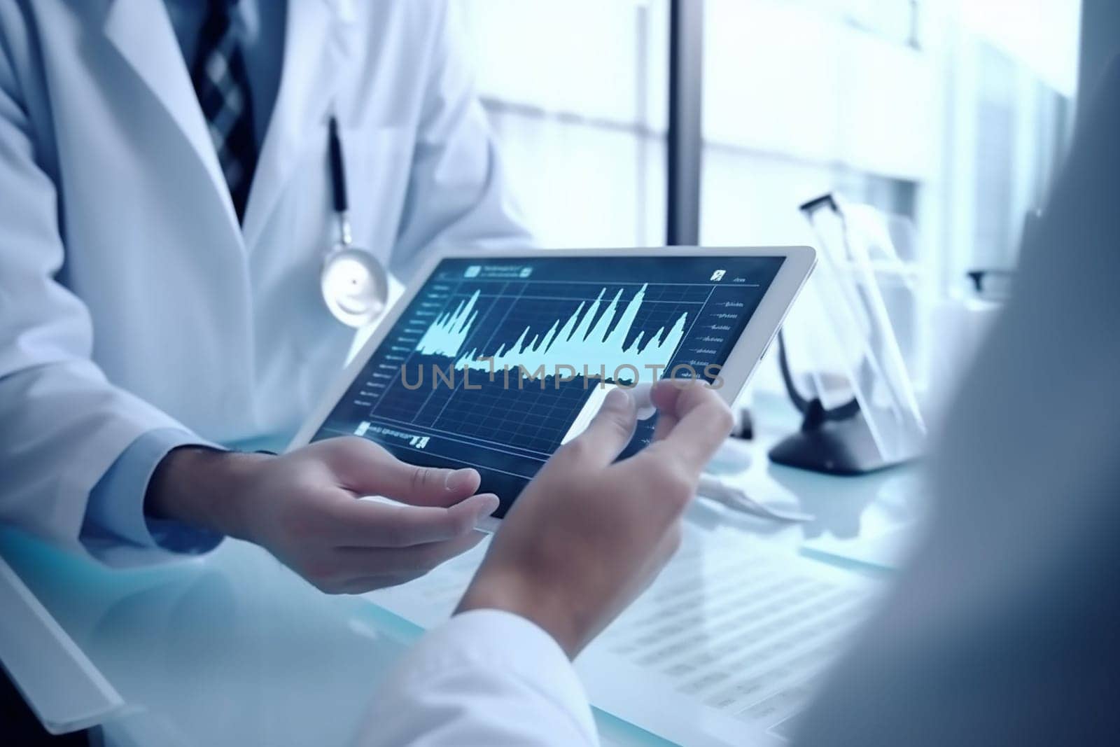 Male doctor using tablet computer in clinic, doctor with stethoscope on blurred hospital background. Cardio therapeutist, student education, CPR, 911 life save, physician make cardiac physical, pulse rate measure, arrhythmia by Costin