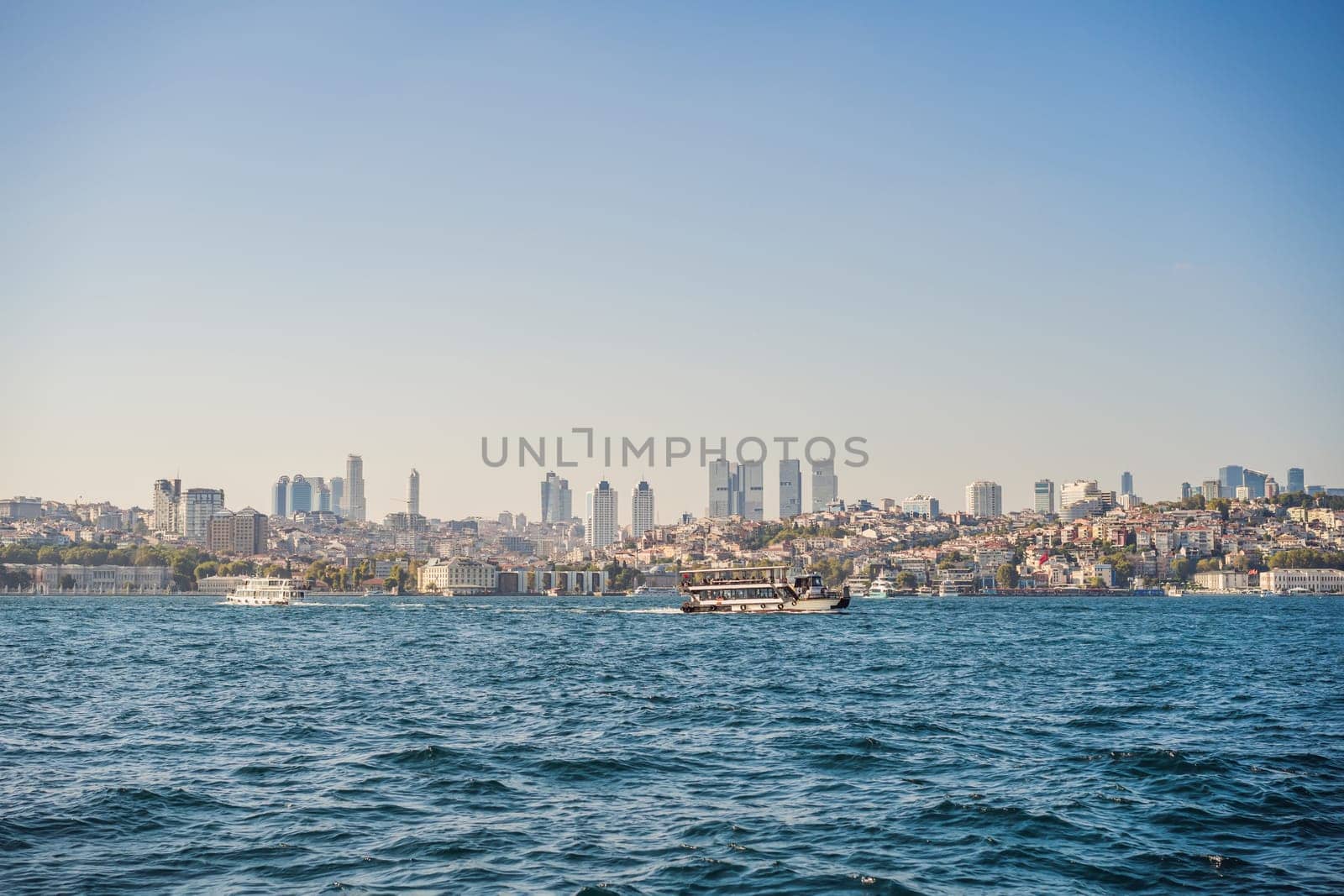 Muslim architecture and water transport in Turkey - Beautiful View touristic landmarks from sea voyage on Bosphorus by galitskaya
