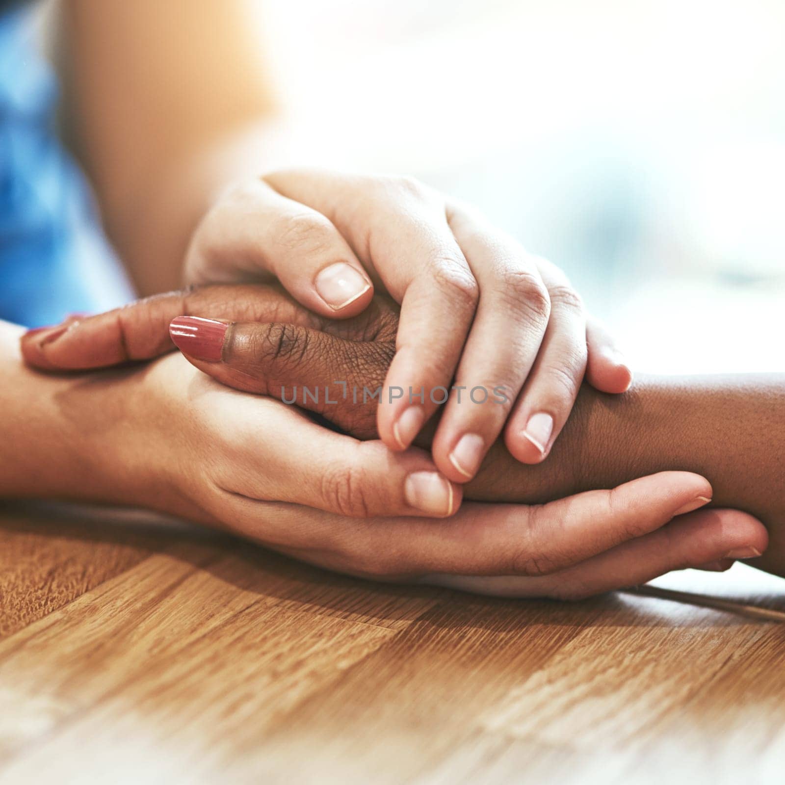 Support, closeup and people with care holding hands for hope, trust and empathy. Diversity, forgive and friends with a helping hand, respect and help through grief or consoling with connection.