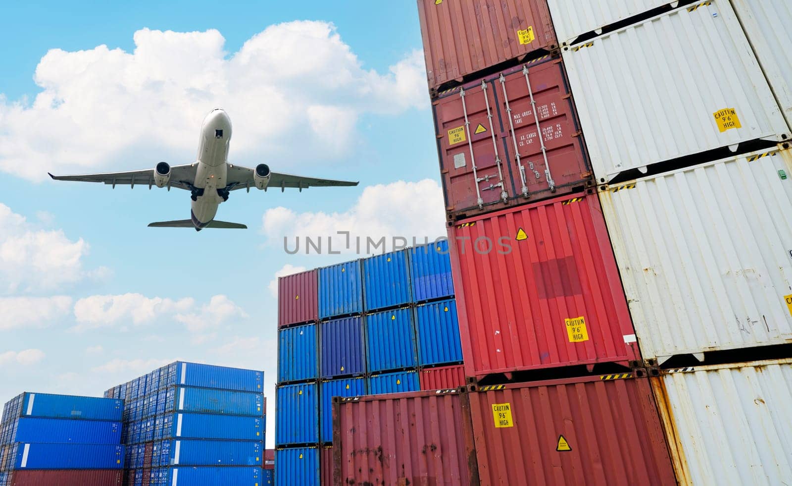 Cargo airplane flying above logistic container. Air logistic. Cargo and shipping business. Container ship for import and export logistic. Logistic industry. Container at harbor. Merchandise export. by Fahroni