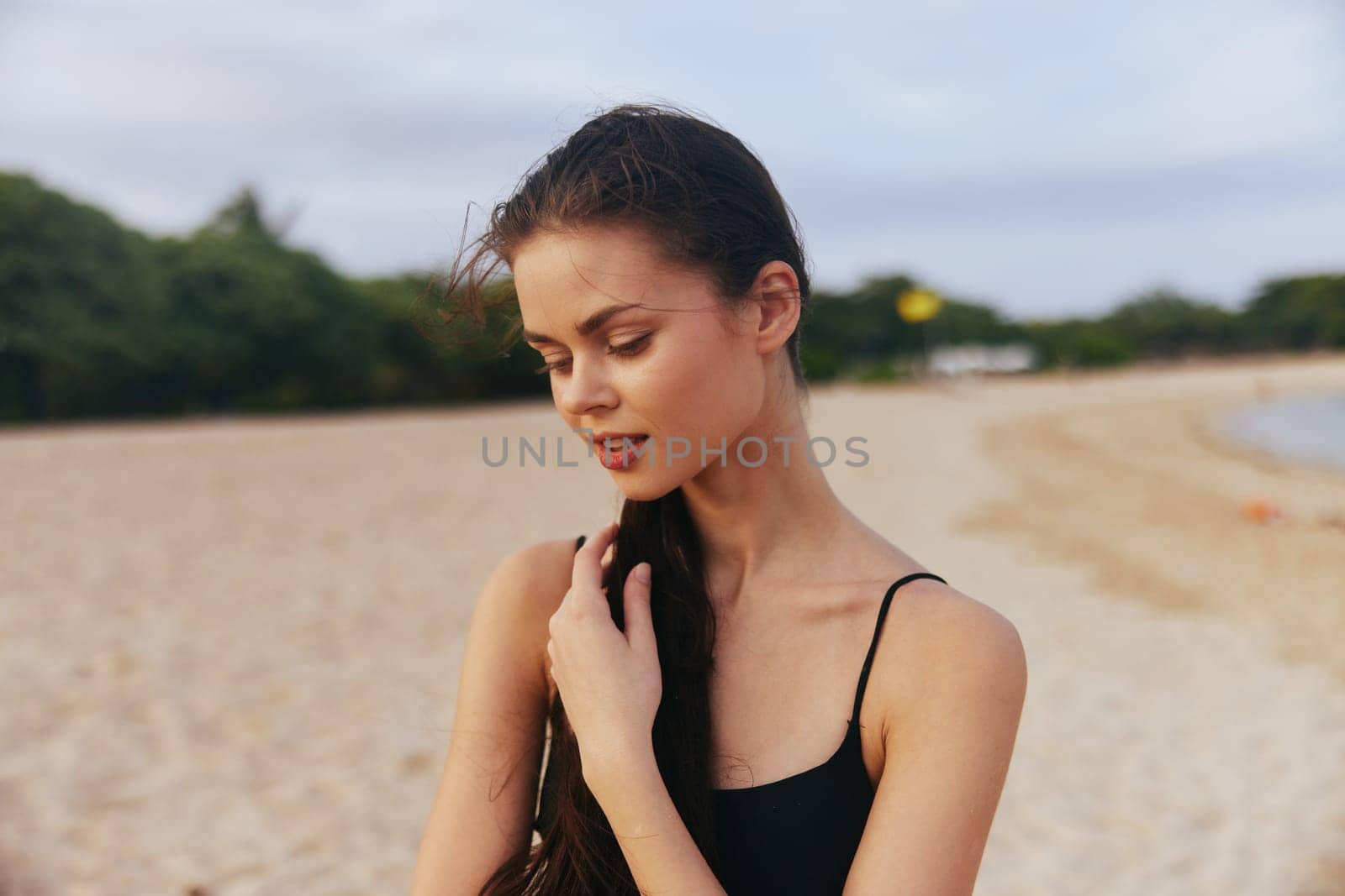 adult woman nature walking sunset tropical caucasian lifestyle running vacation sea sand beach ocean relax summer jean smile dress beauty happy