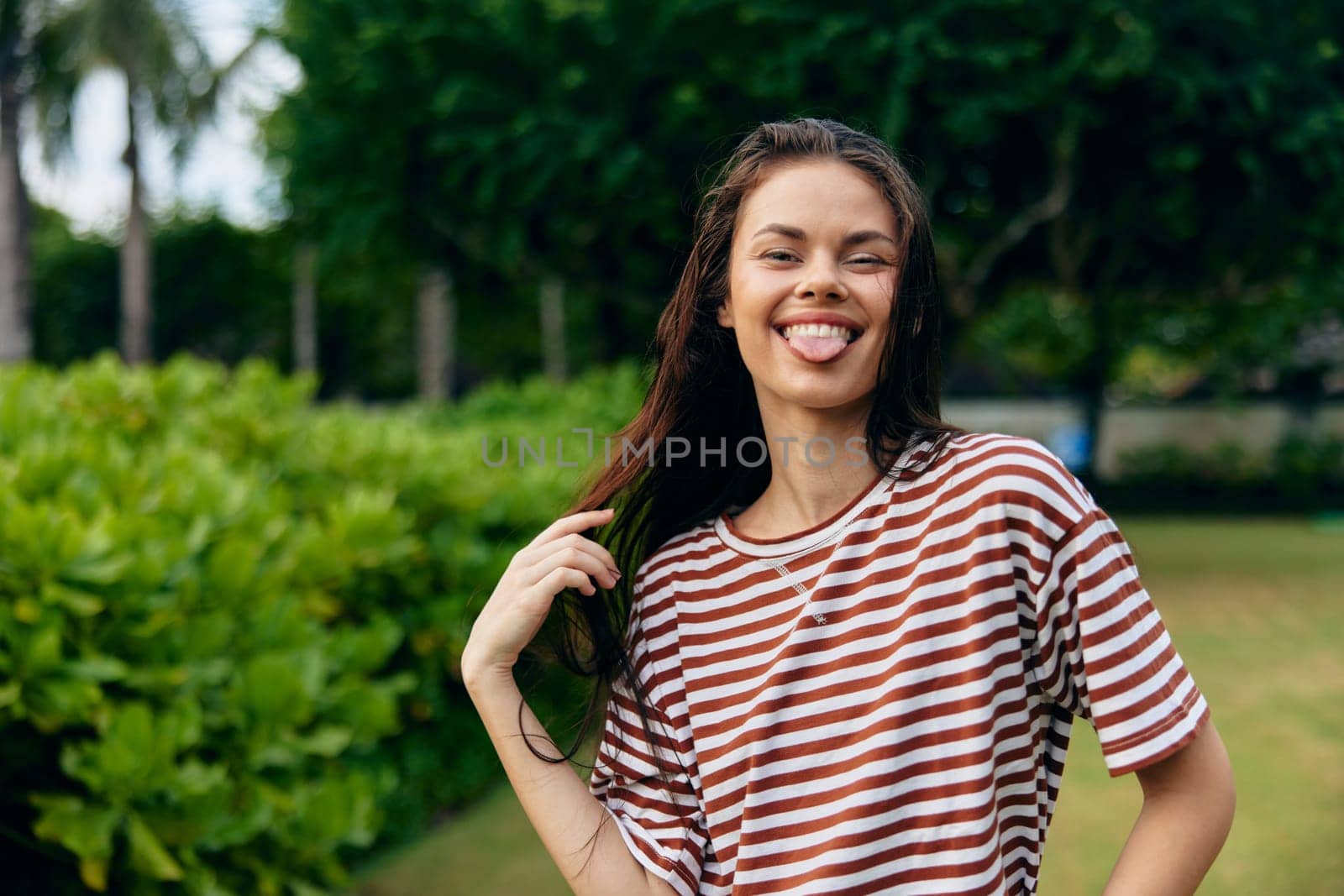 lifestyle woman summer t-shirt smiling sun freedom beautiful nature walk park by SHOTPRIME