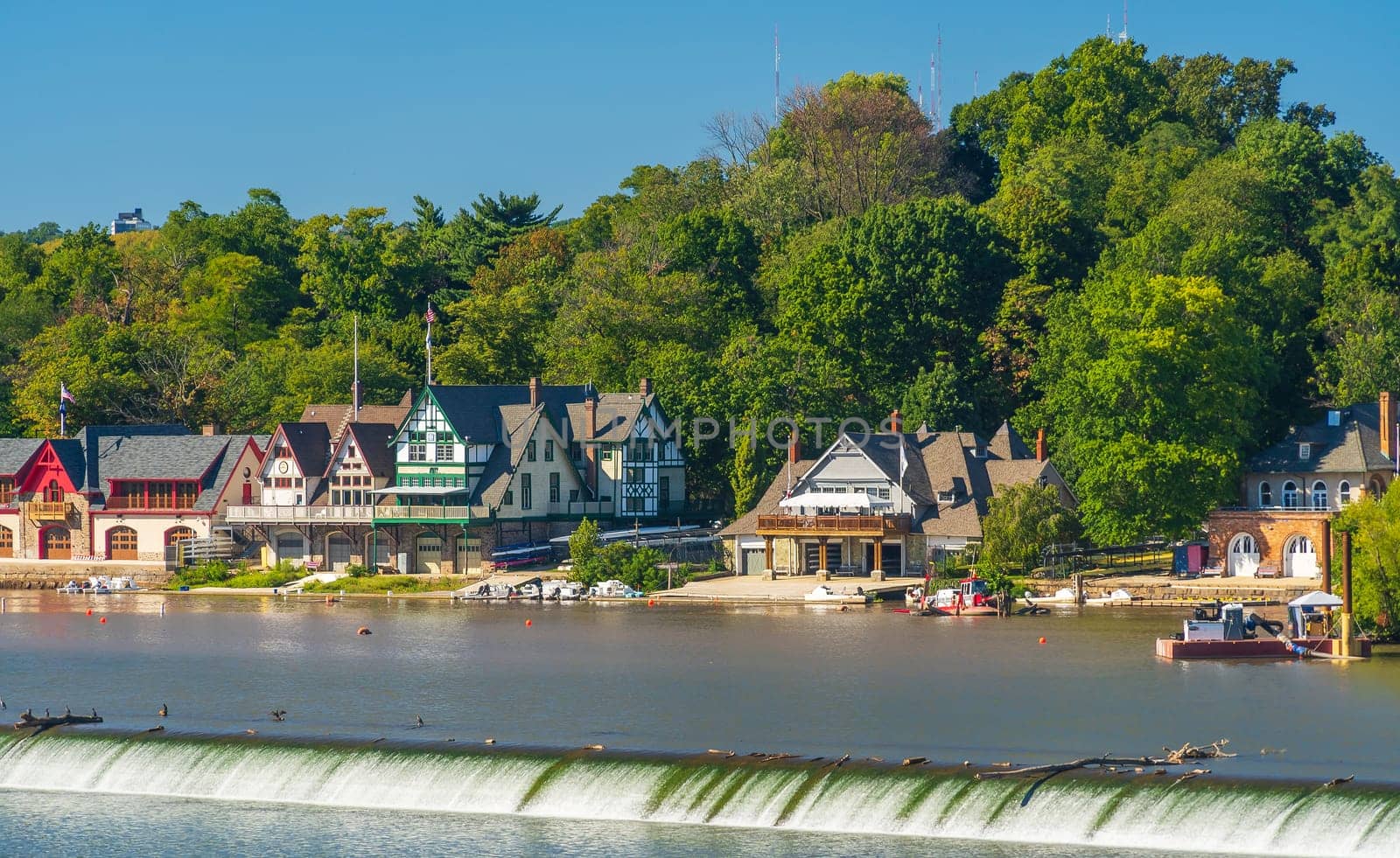 Boat House Row in Philadelphia PA, USA with blue sky