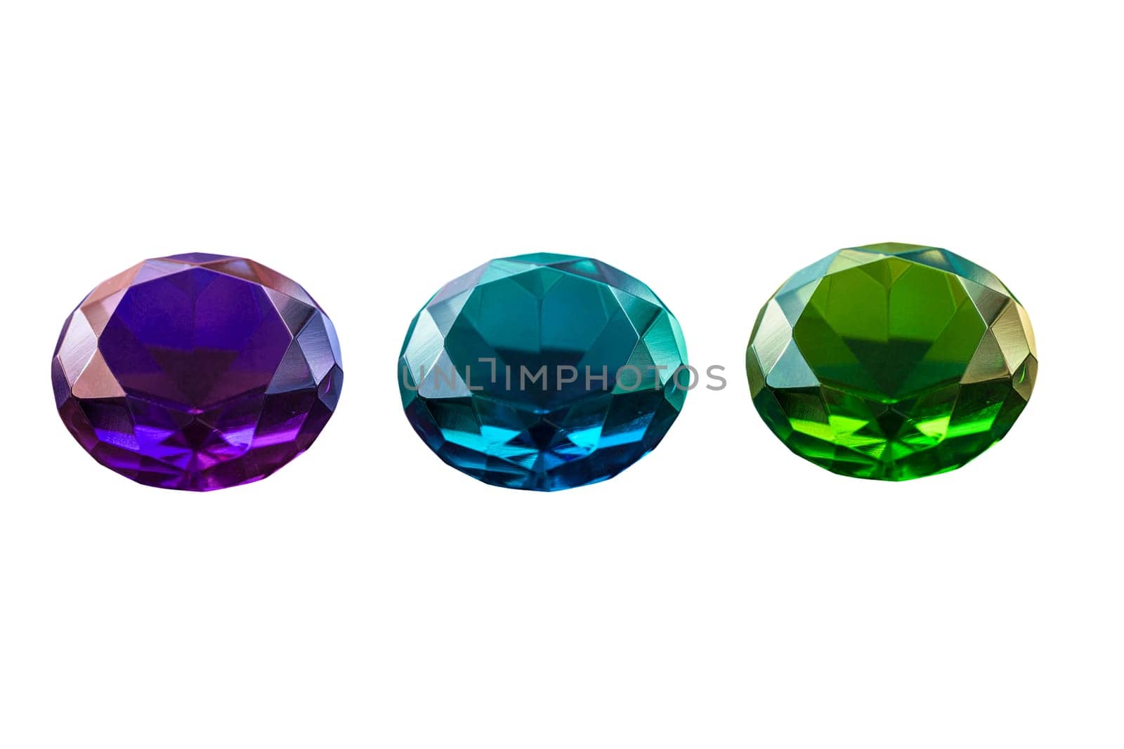 Round cut diamond isolated on white background, green blue purple emerald