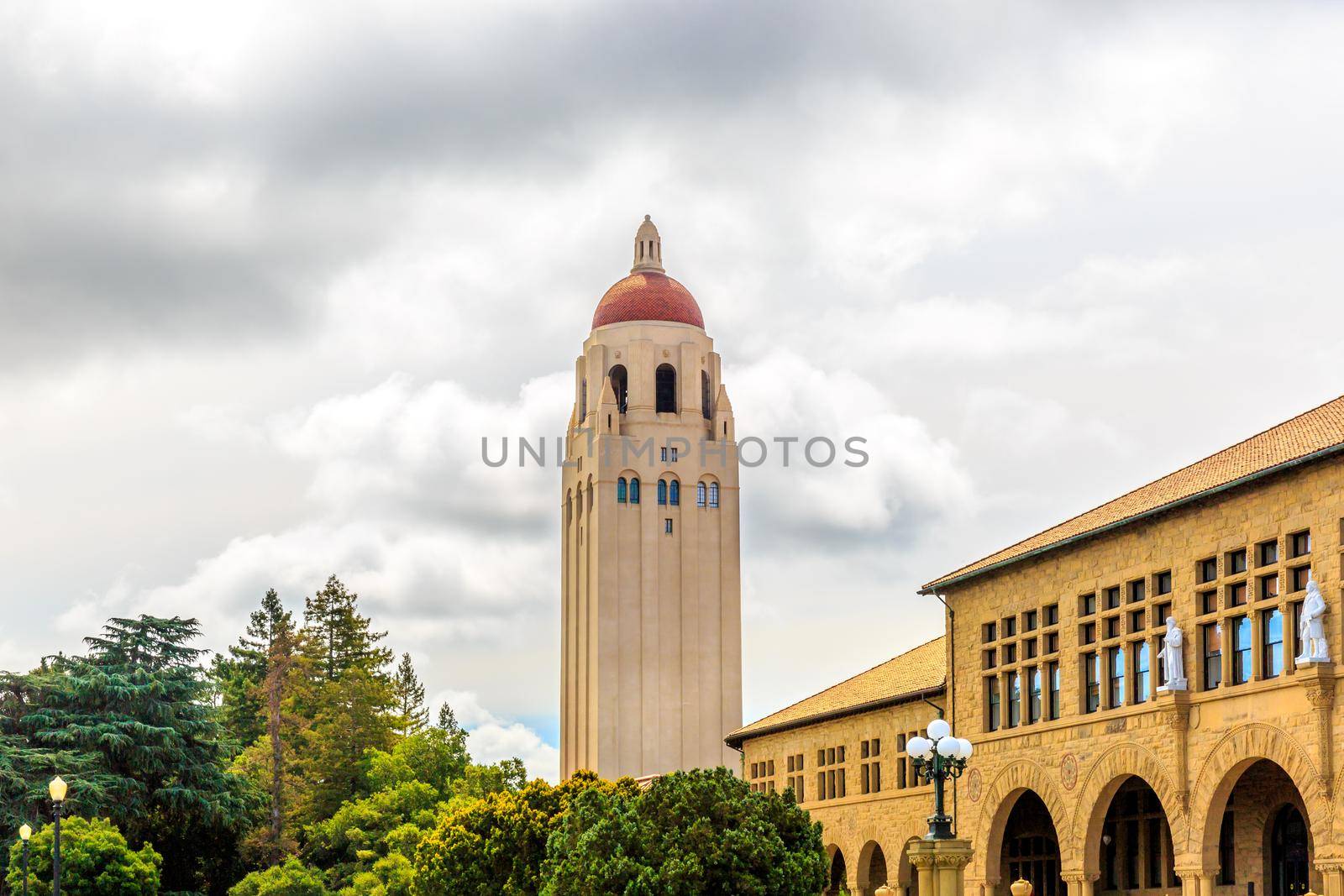 Stanford, California, USA, May 26, 2013: The famous Stanford University campus with Hoover Tower located near Palo Alto, California.