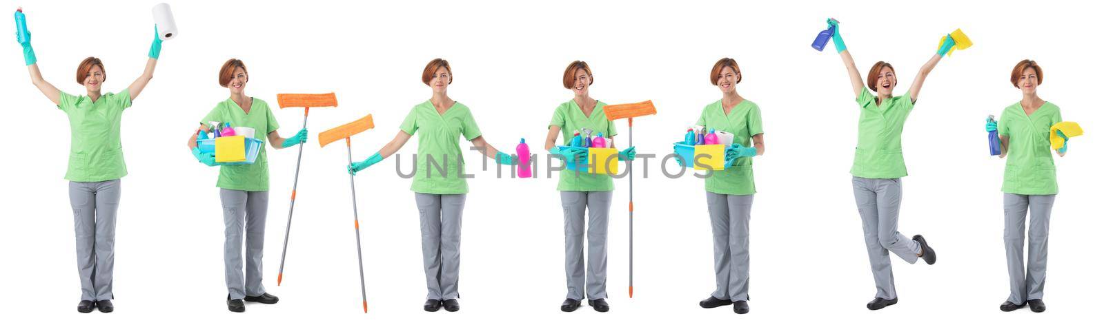 Set of Cleaning woman with tools full length portraits doing different gestures isolated on white background