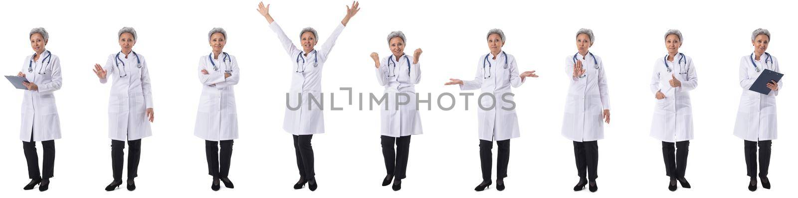 Set of asian medical doctor full length portraits doing different gestures isolated on white background