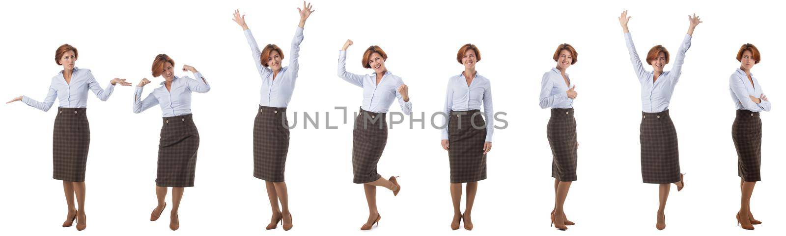 Set of young business woman full length portraits doing different gestures isolated on white background