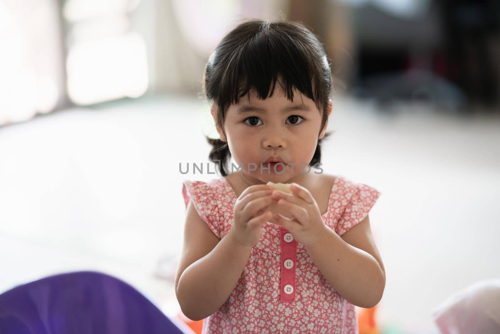 cute baby girl eating cookies in the house