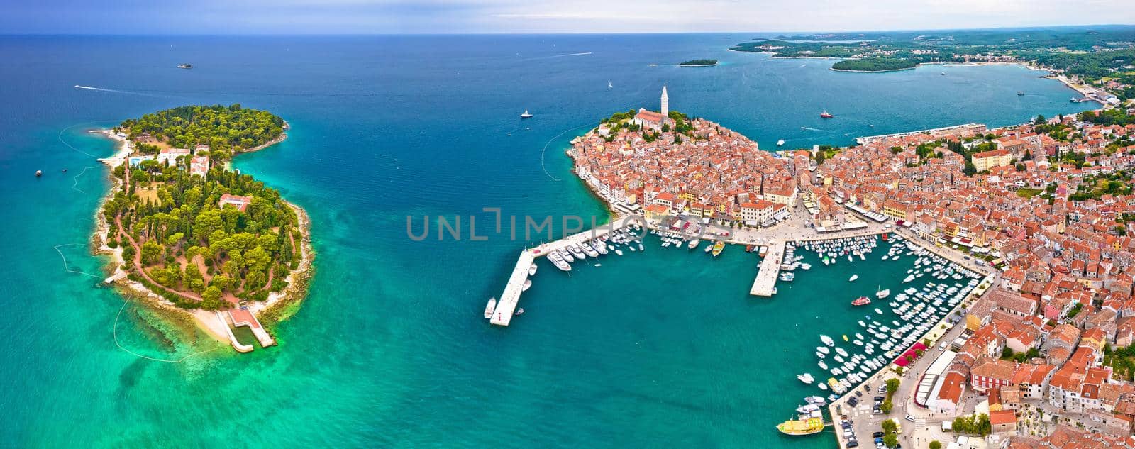 Town of Rovinj archipelago aerial panoramic view, Istria region of Croatia