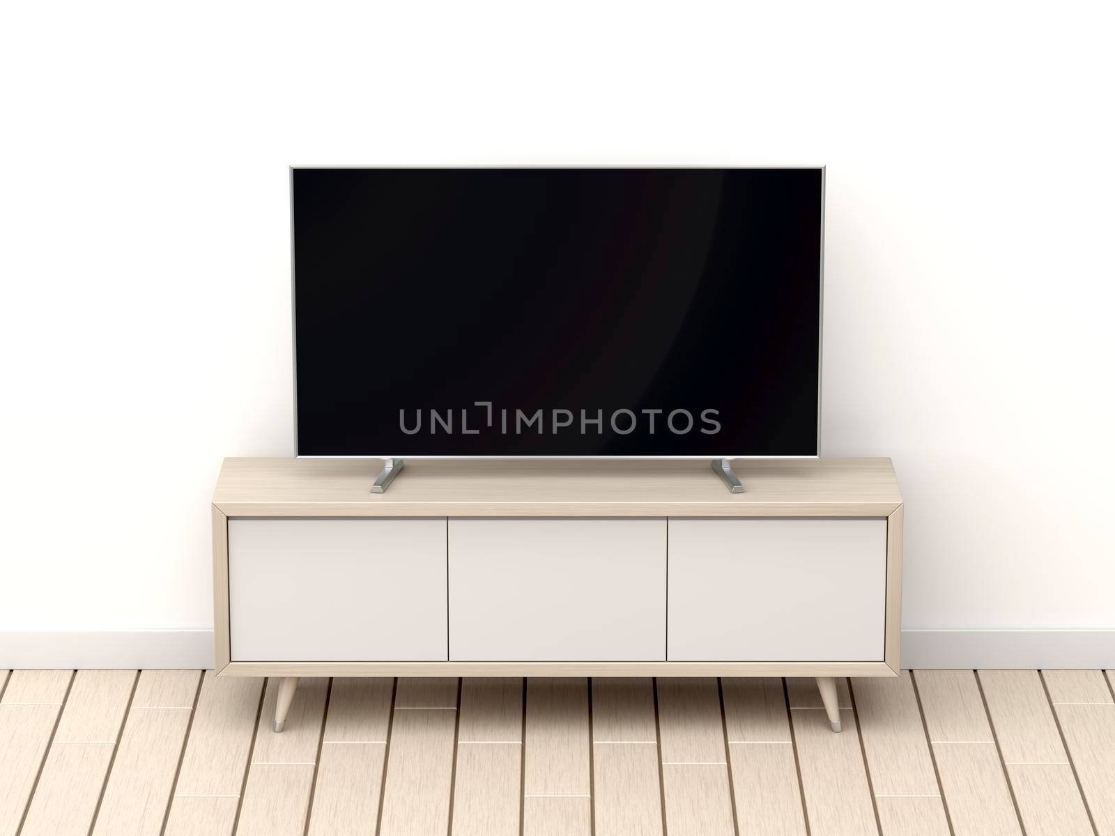 Wood tv cabinet and tv with blank screen by magraphics