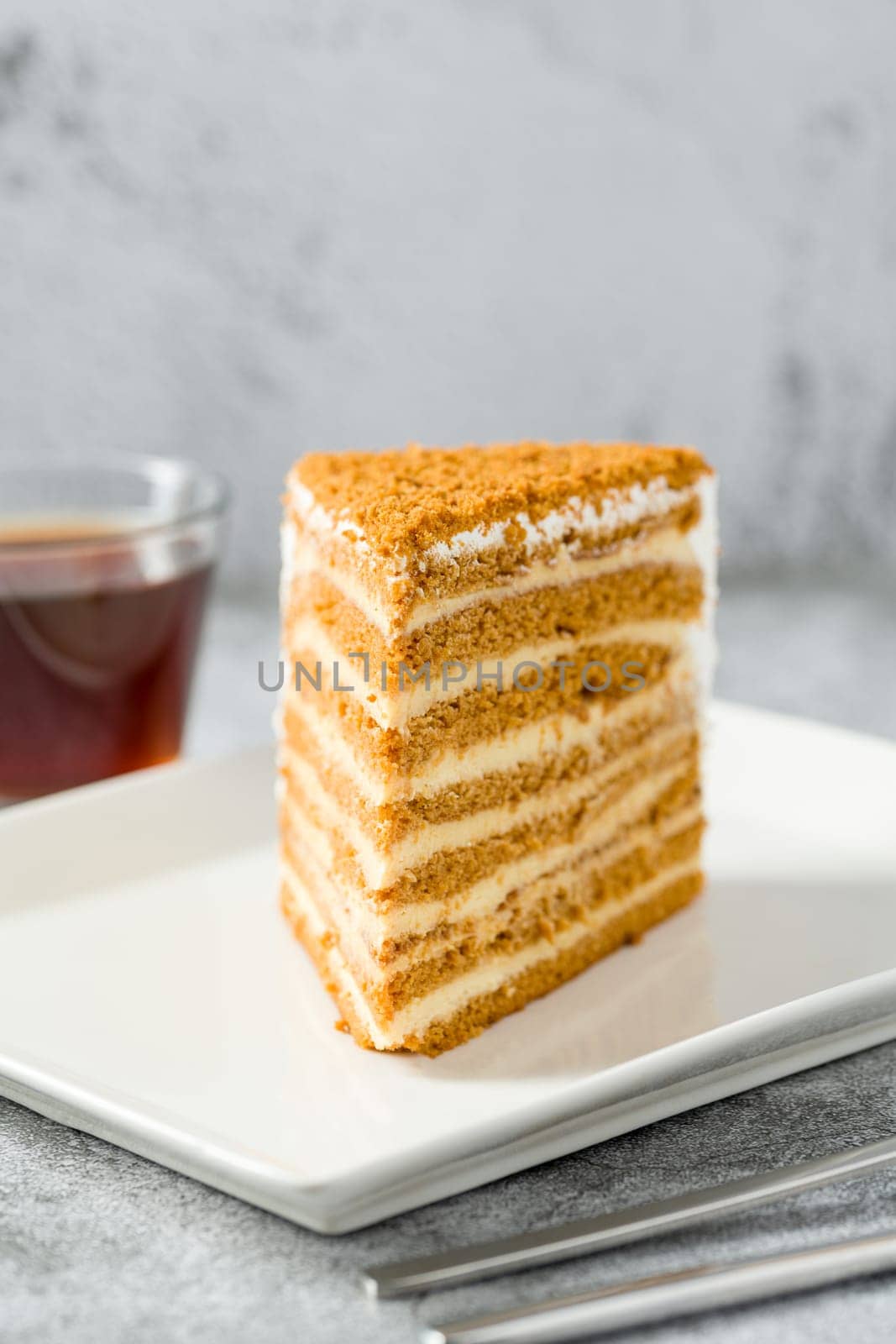 Layered honey cake slice on white porcelain plate on stone background Medovik by Sonat