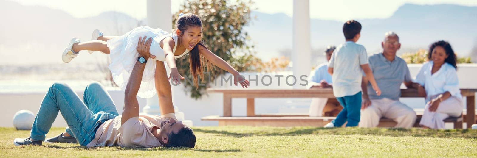 Relax, playful and father and daughter in garden for bonding, happiness and quality time. Freedom, holiday and support with family playing in backyard of home for weekend, childhood and affectionate.