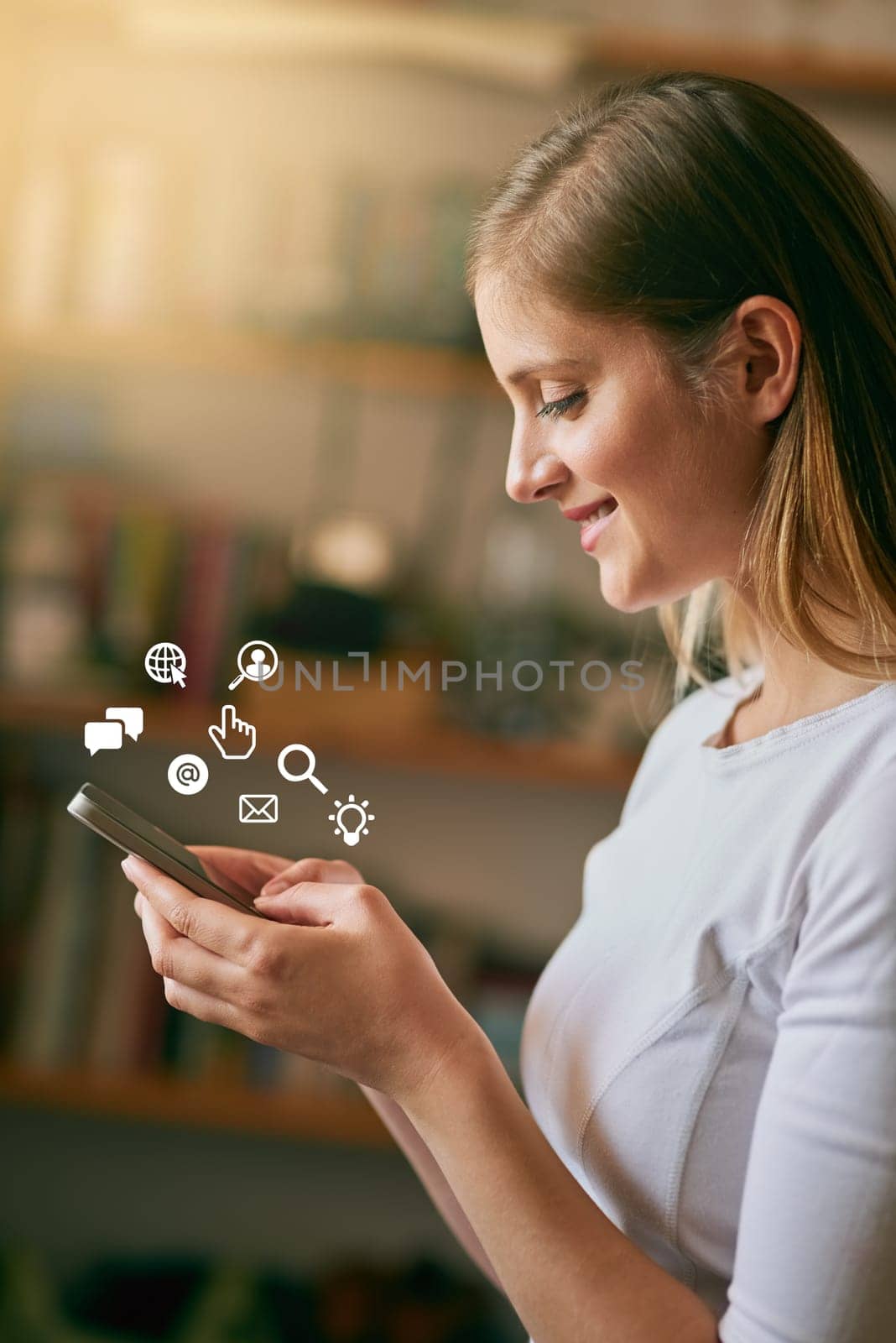 Icon, smile and woman with a smartphone, typing and connection for social media, communication and sms. Female person, network and girl with happiness, texting and digital chatting with a contact by YuriArcurs