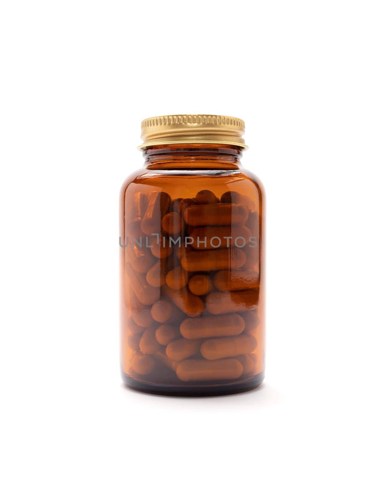 Isolated Brown Glass Bottle With Softgel Capsules OF Slippery Elm On Whitet Background, Copy Space for Text. Herbal Supplement, Ulmus Fulva, Natural Remedy. Vertical plane.