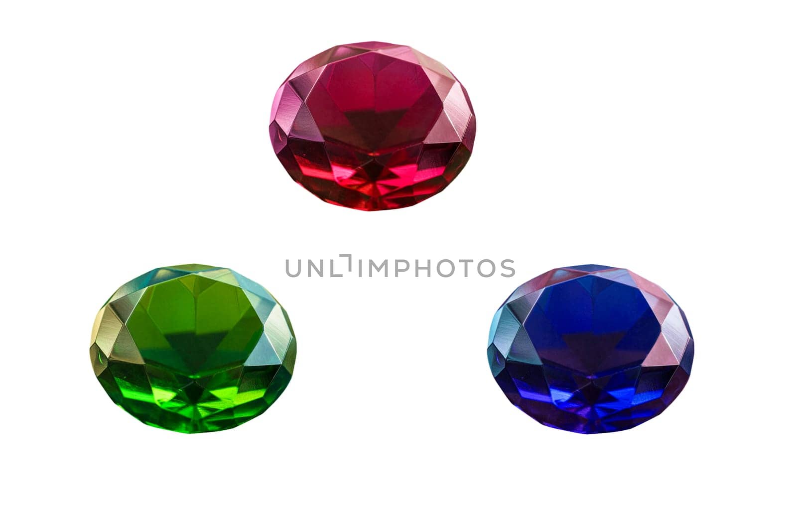 Round cut diamond isolated on white background, green blue purple red emerald