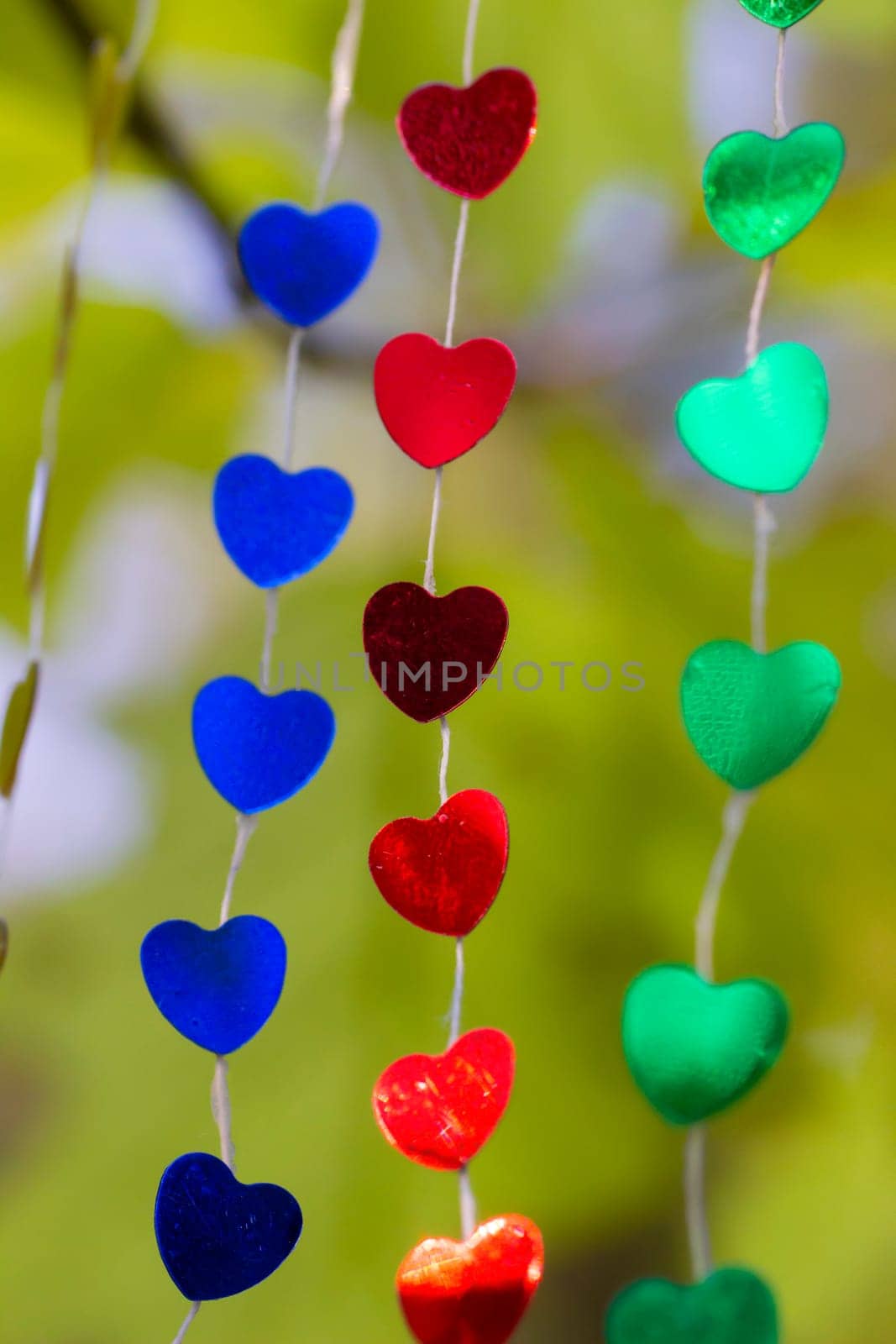 Colored shiny hearts hanging garland for Valentine's Day